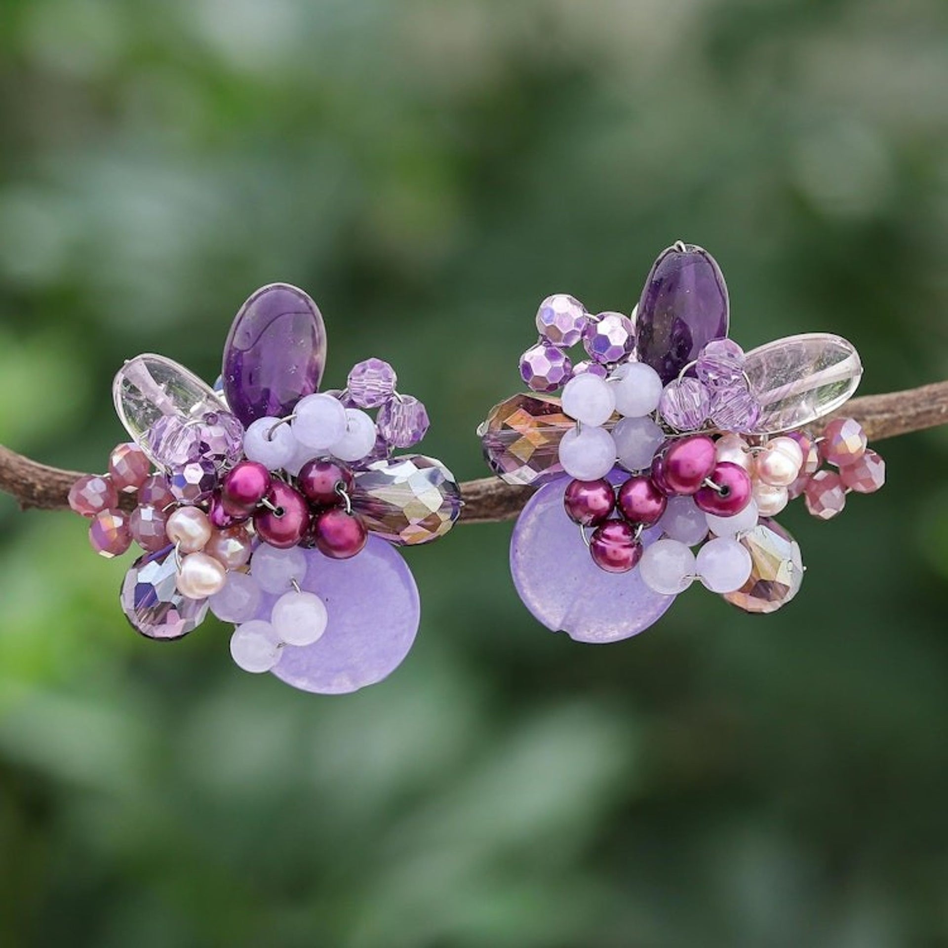 Amethyst and Cultured Pearl Cluster Clip-On Earrings 'Solaris in Purple'