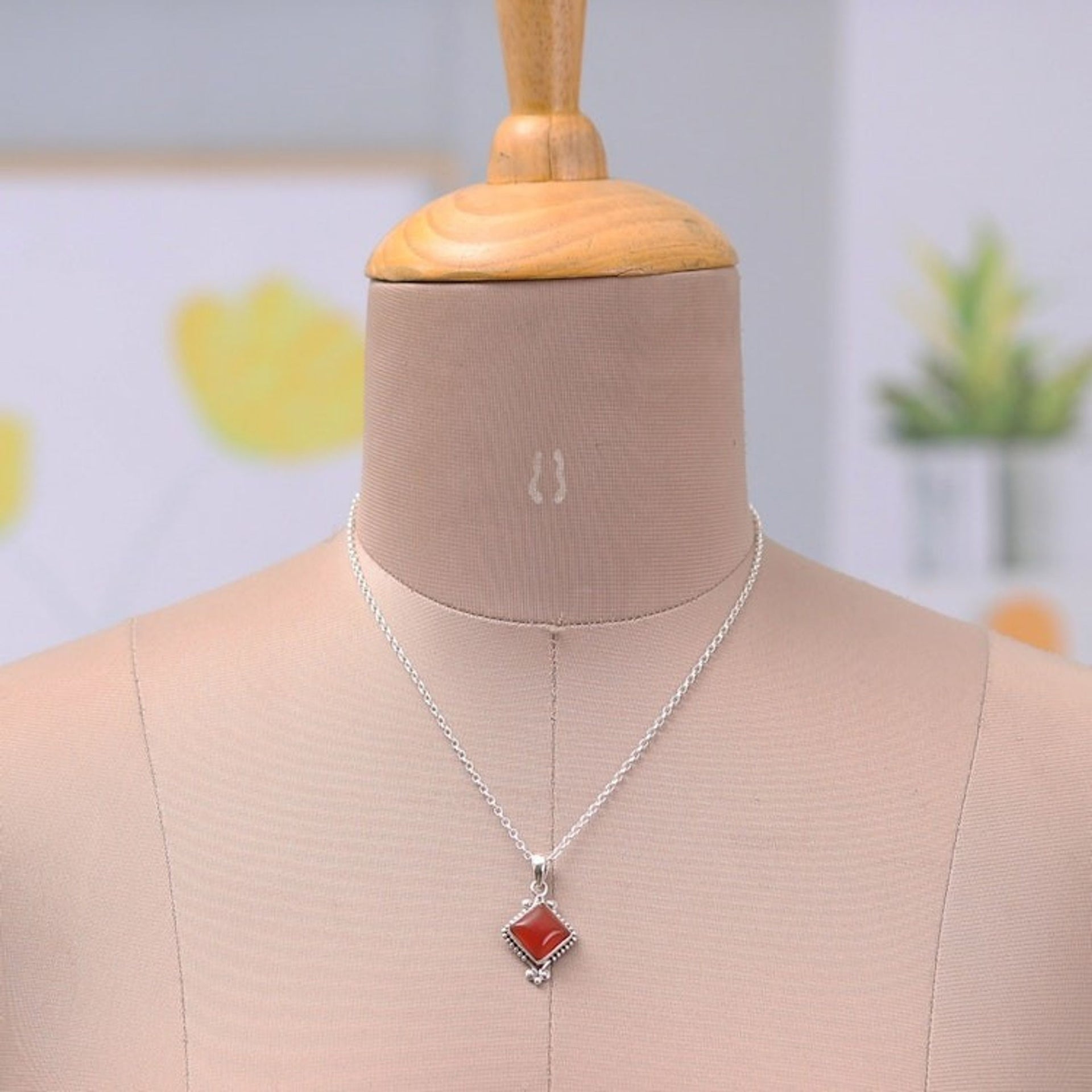 Polished Sterling Silver Natural Carnelian Pendant Necklace 'Manor of the Courageous'