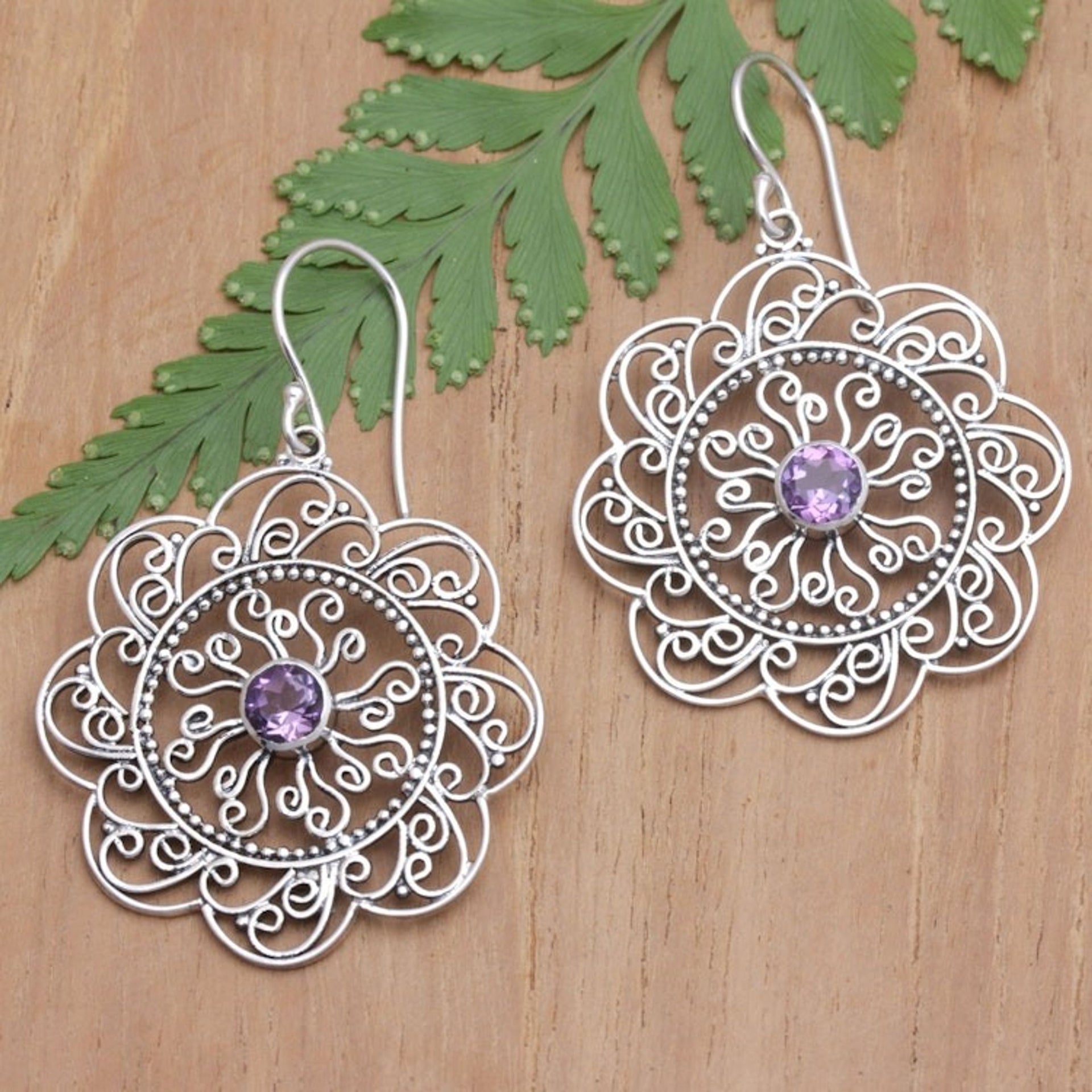 Floral and Sun-Inspired Amethyst Filigree Dangle Earrings 'Noble Sunset'