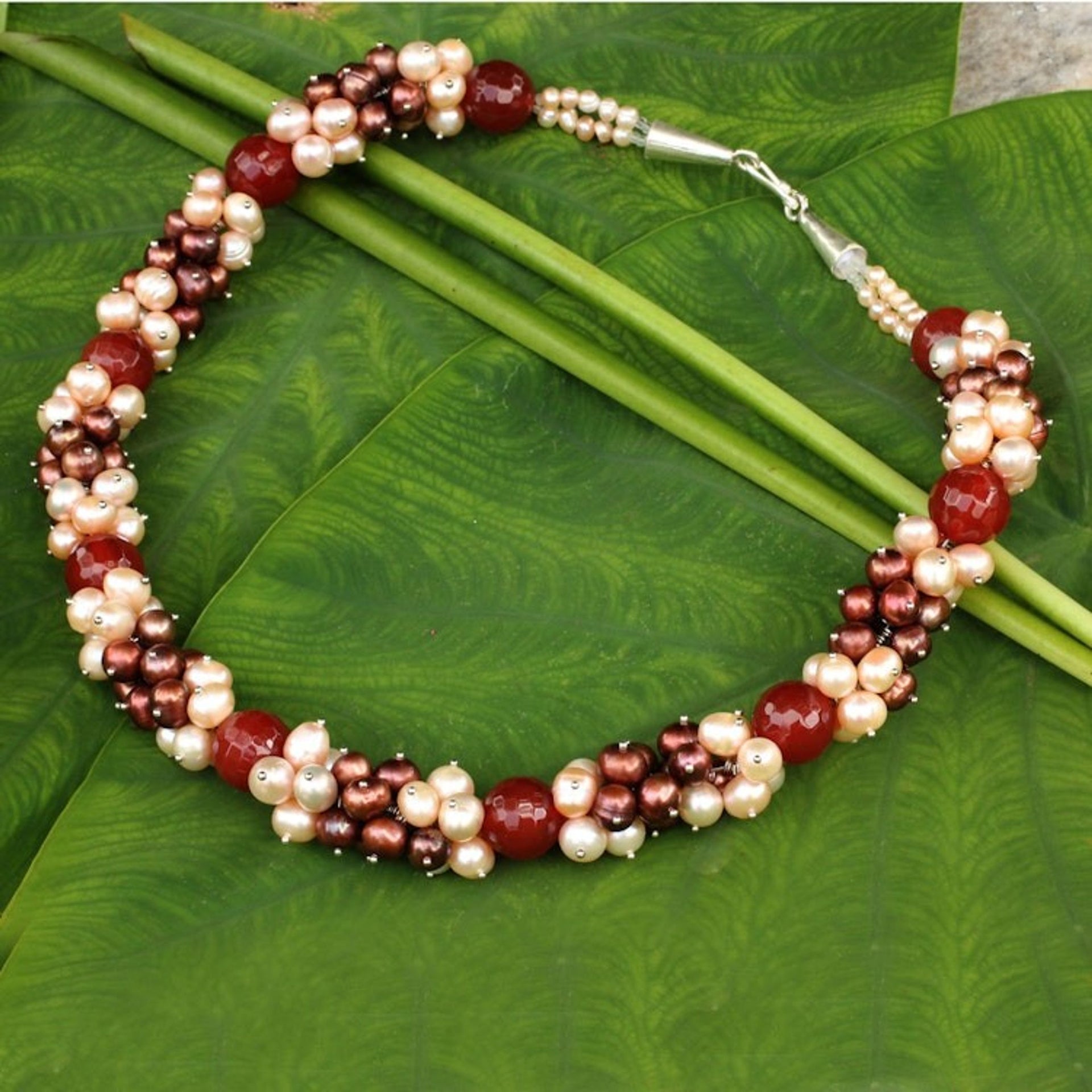 Brown and Peach Pearls with Orange Chalcedony Necklace 'Divine Feminine'