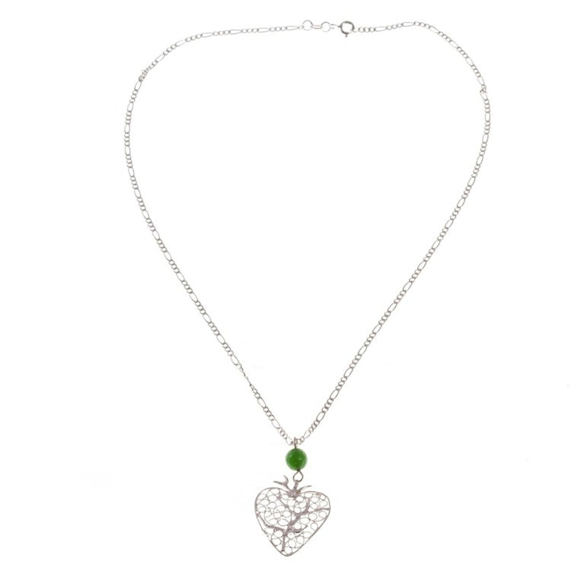 Sterling Silver Filigree Heart Pendant with Agate Bead 'Under the Apple Tree'