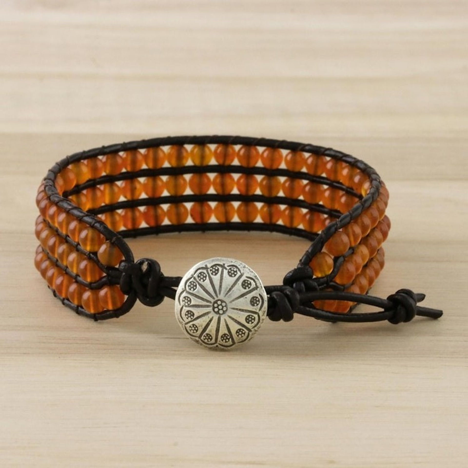 Carnelian Bead and Karen Silver Button Wristband Bracelet 'Apricots'