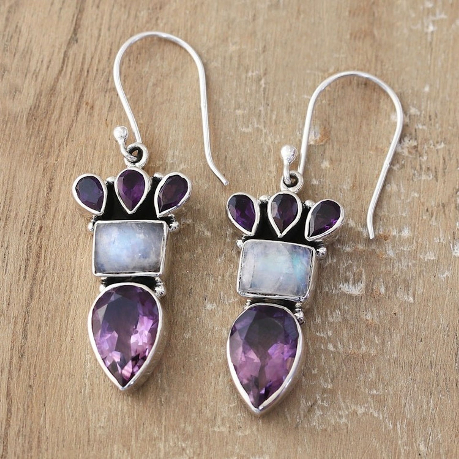 Silver Dangle Earrings with Amethyst and Rainbow Moonstone 'Royal Glamour'