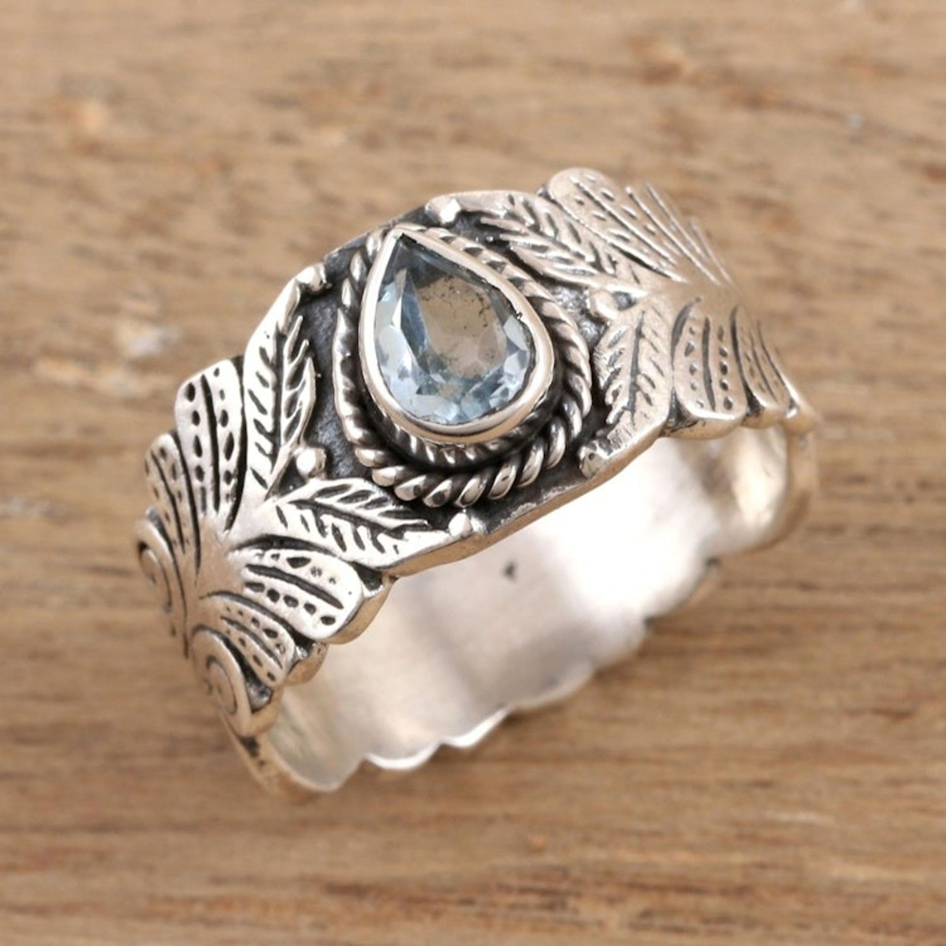 Artisan Crafted Blue Topaz and Sterling Silver Band Ring 'Iridescent Drop'
