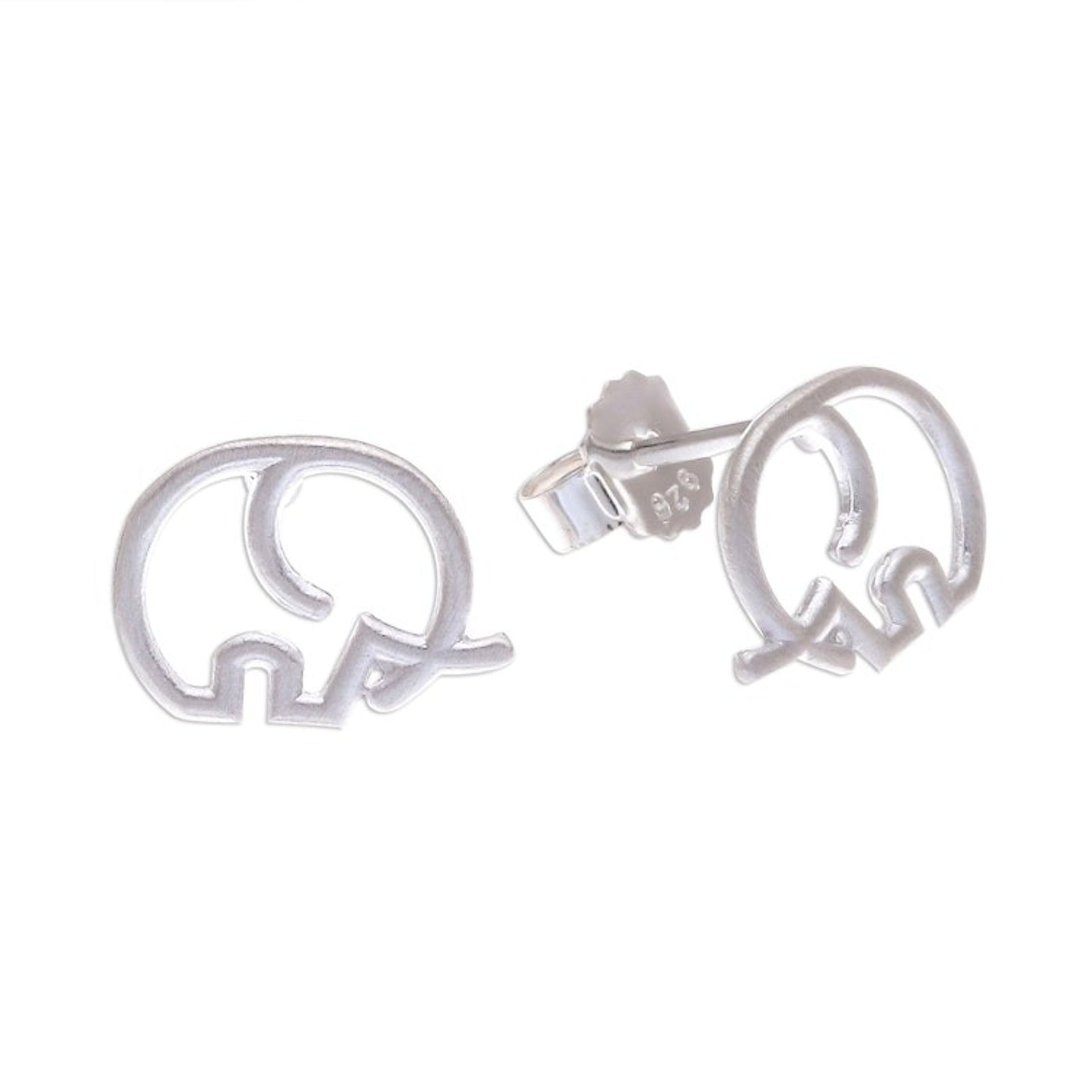 Round Sterling Silver Elephant Stud Earrings from Thailand 'Cute Tusks'