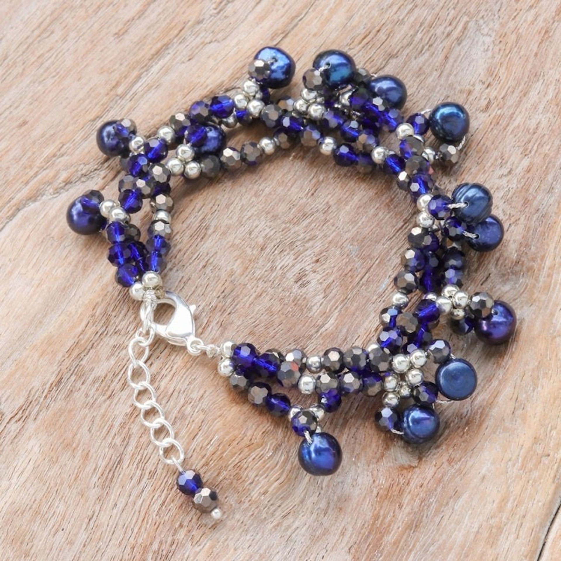 Blue Cultured Pearl Beaded Bracelet with Silver Accents 'Wonderful Blue'