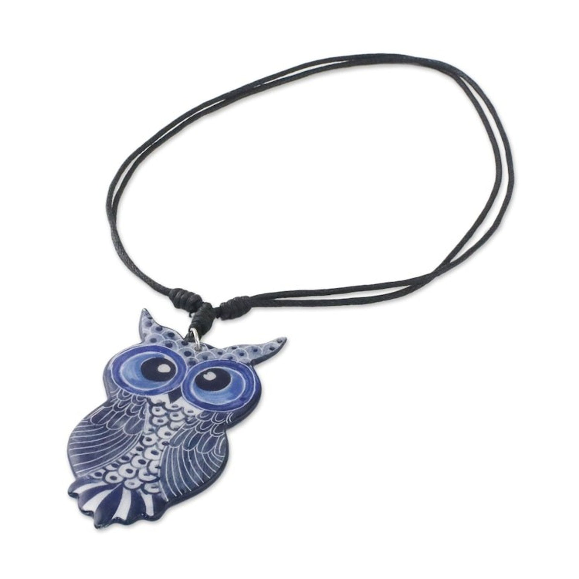 Thai Handmade Blue Ceramic Owl Adjustable Pendant Necklace 'Alluring Blue Owl'