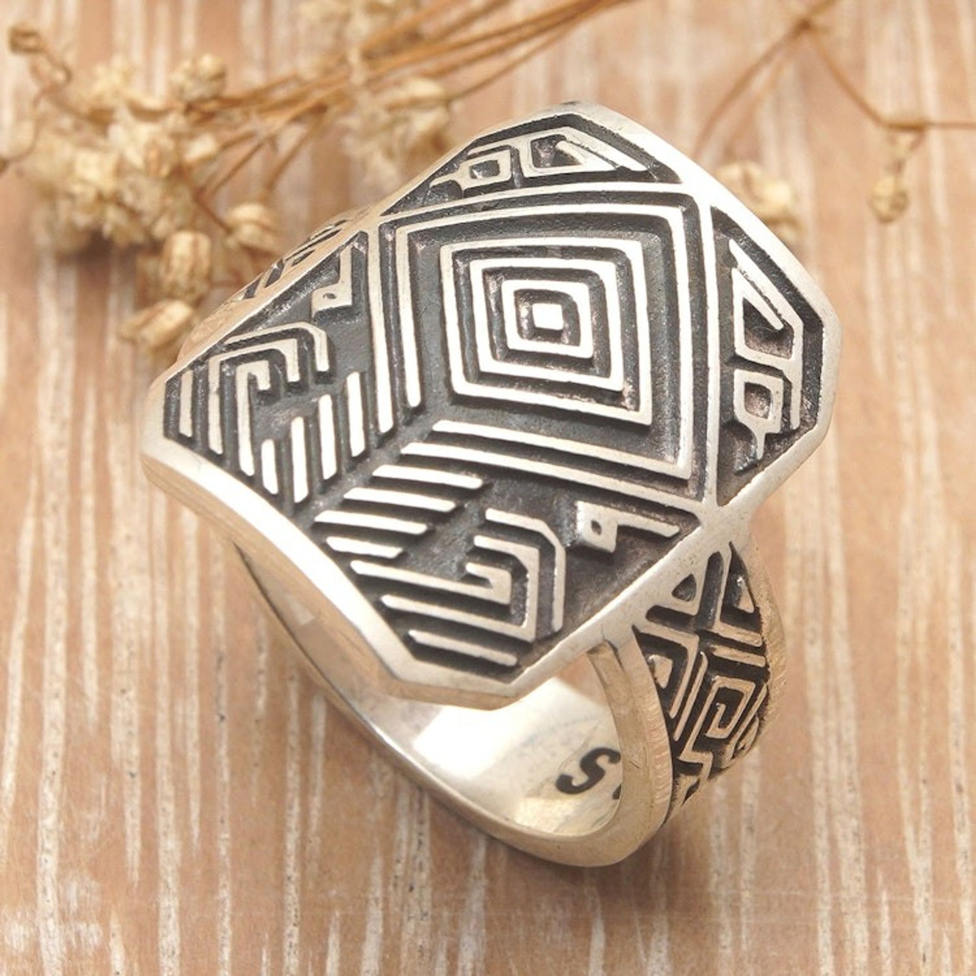Men's Sterling Silver Cocktail Ring with Geometric Motifs 'Ancestral Knight'