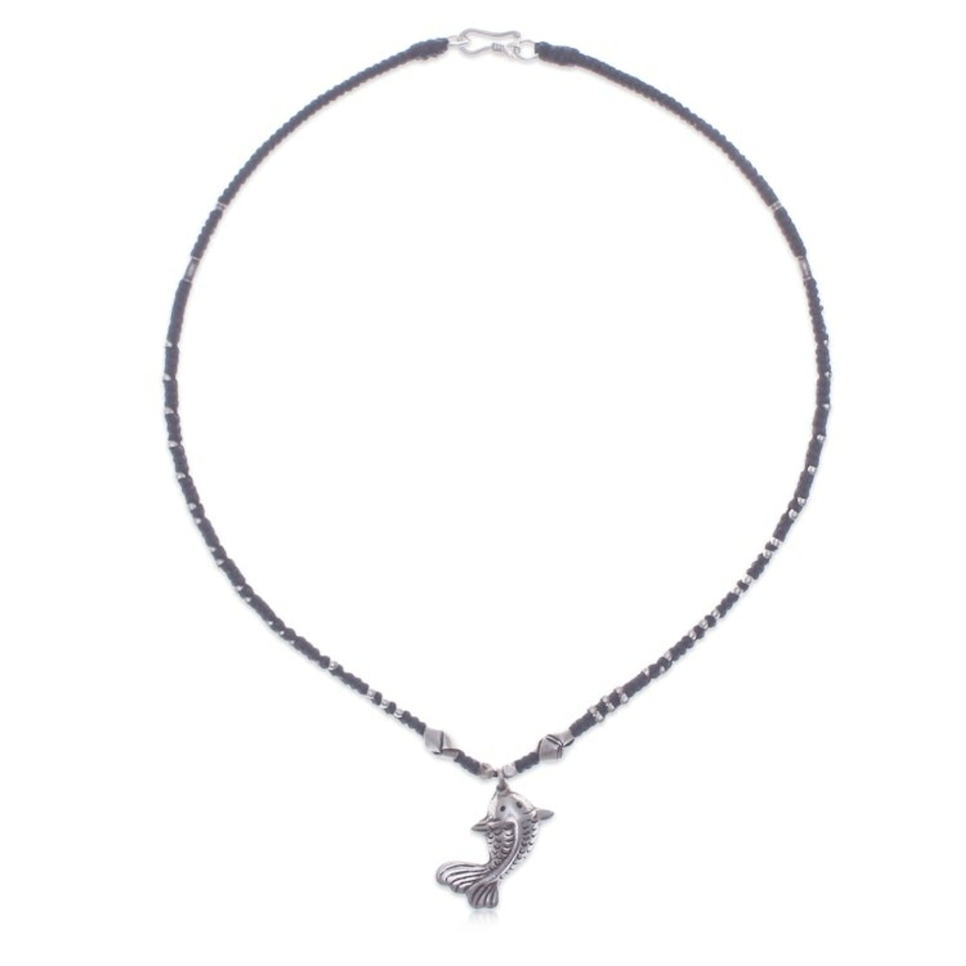 Good Fortune Fish-Themed Silver and Nylon Pendant Necklace 'Lucky Fin'