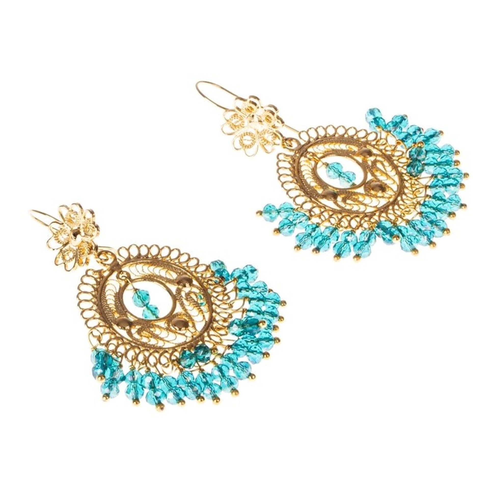 Blue Crystal and Gold Plated Filigree Chandelier Earrings 'Valley Treasure'