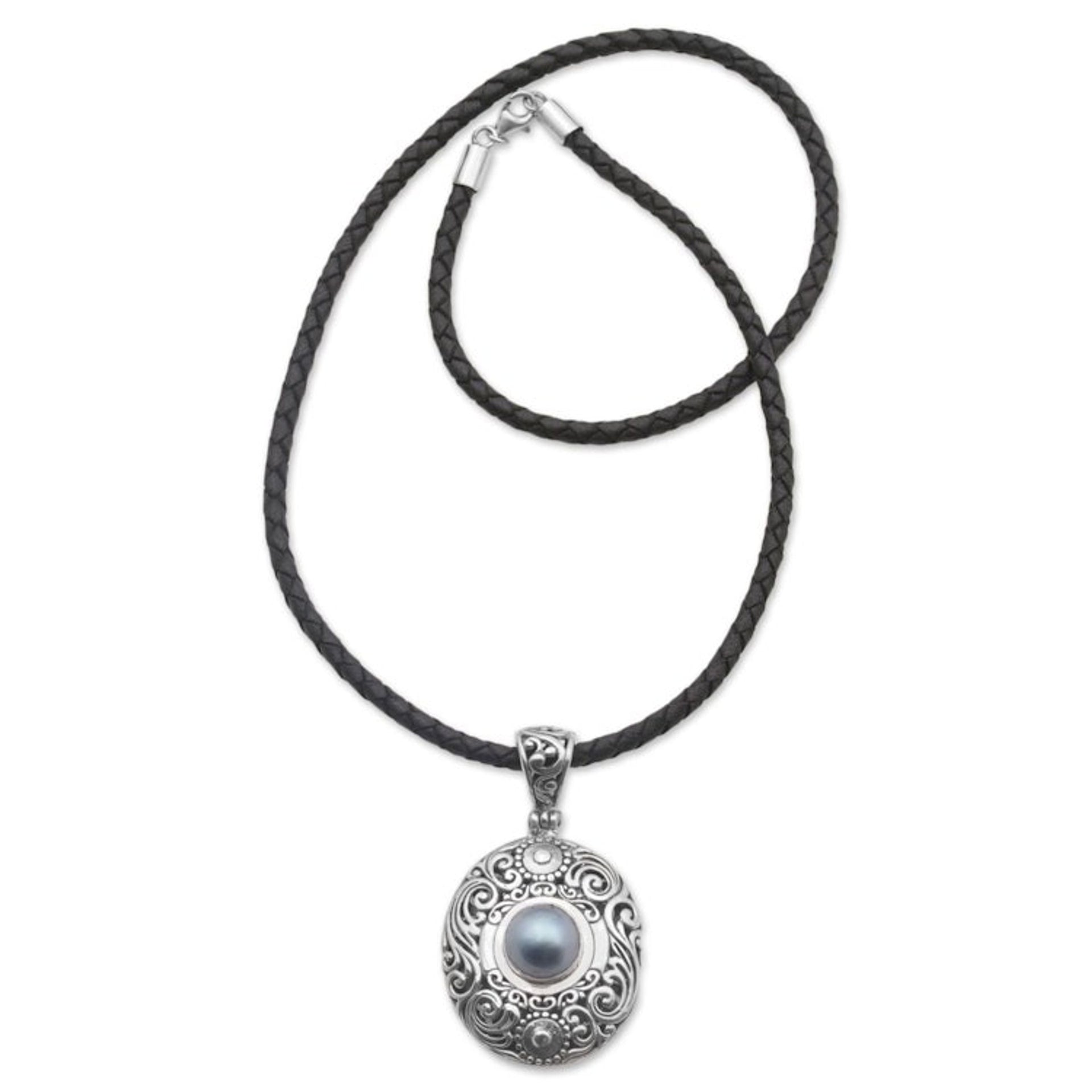 Cultured Mabe Pearl and Sterling Silver Necklace from Bali 'Dark Sanur Shield'