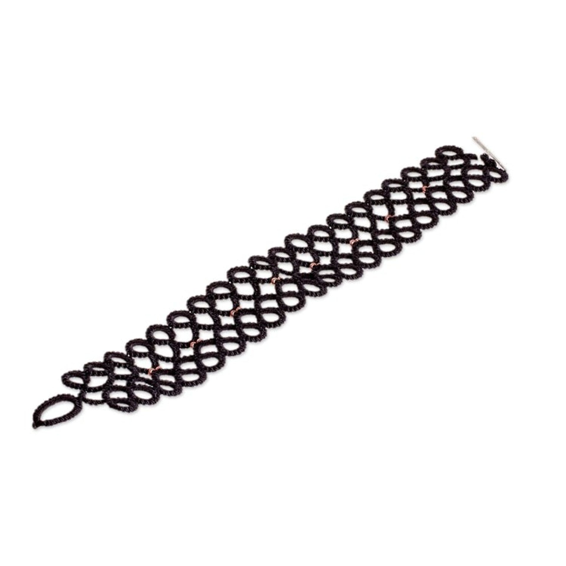 Black Macrame Wristband Bracelet with Golden-Toned Beads 'Gleams of Glamour'