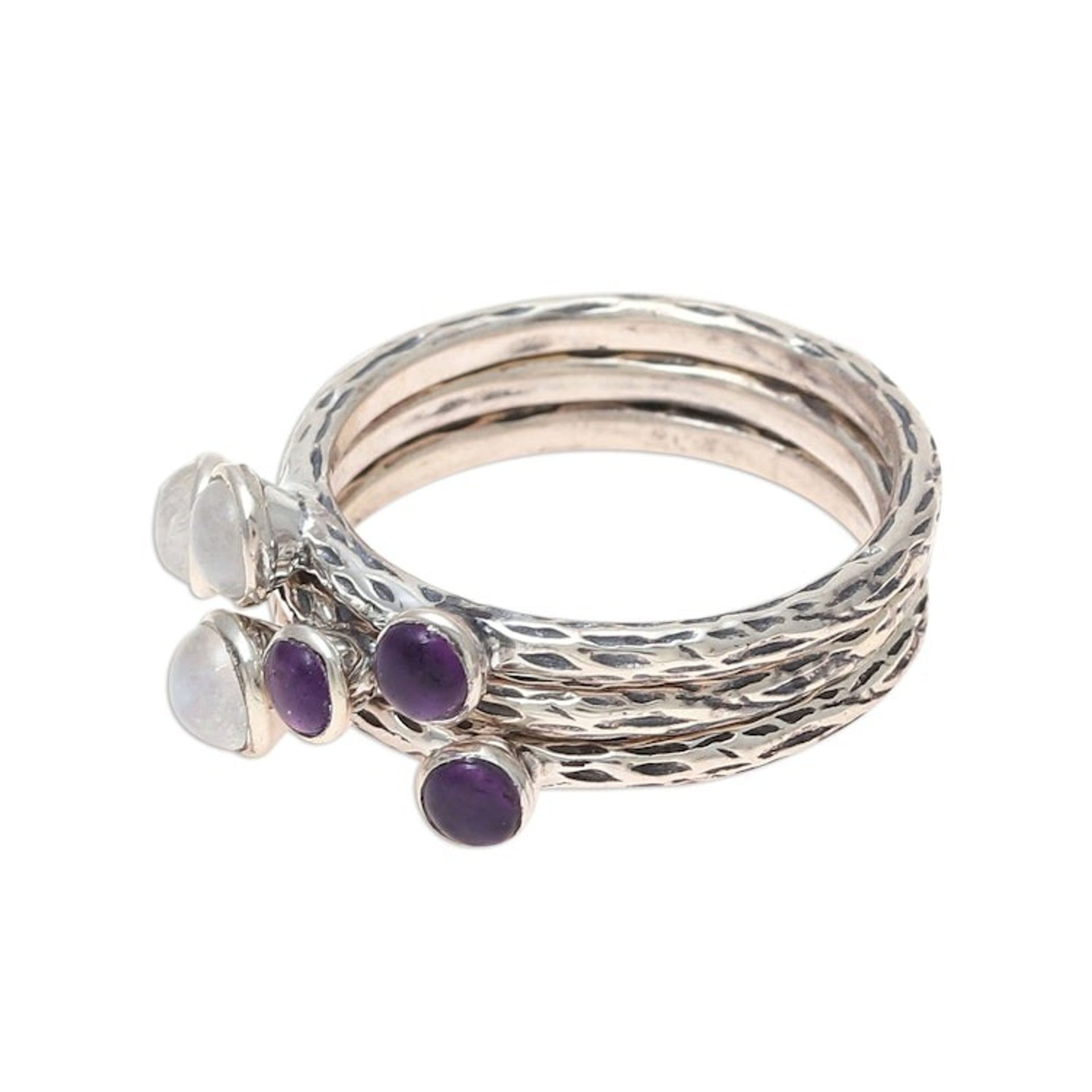 Three Rainbow Moonstone and Amethyst Stacking Rings 'Mystic Union'
