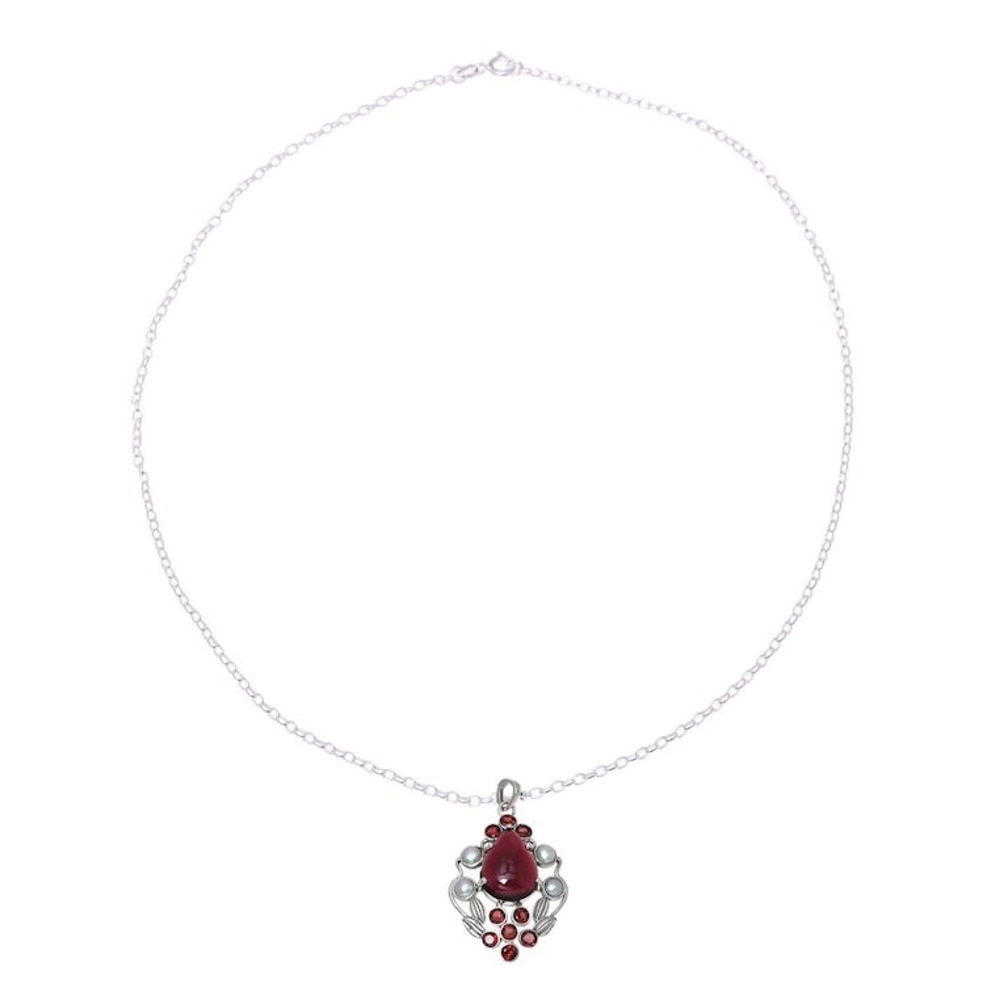 Garnet and Cultured Pearl Pendant Necklace from India 'Basket of Blossoms'