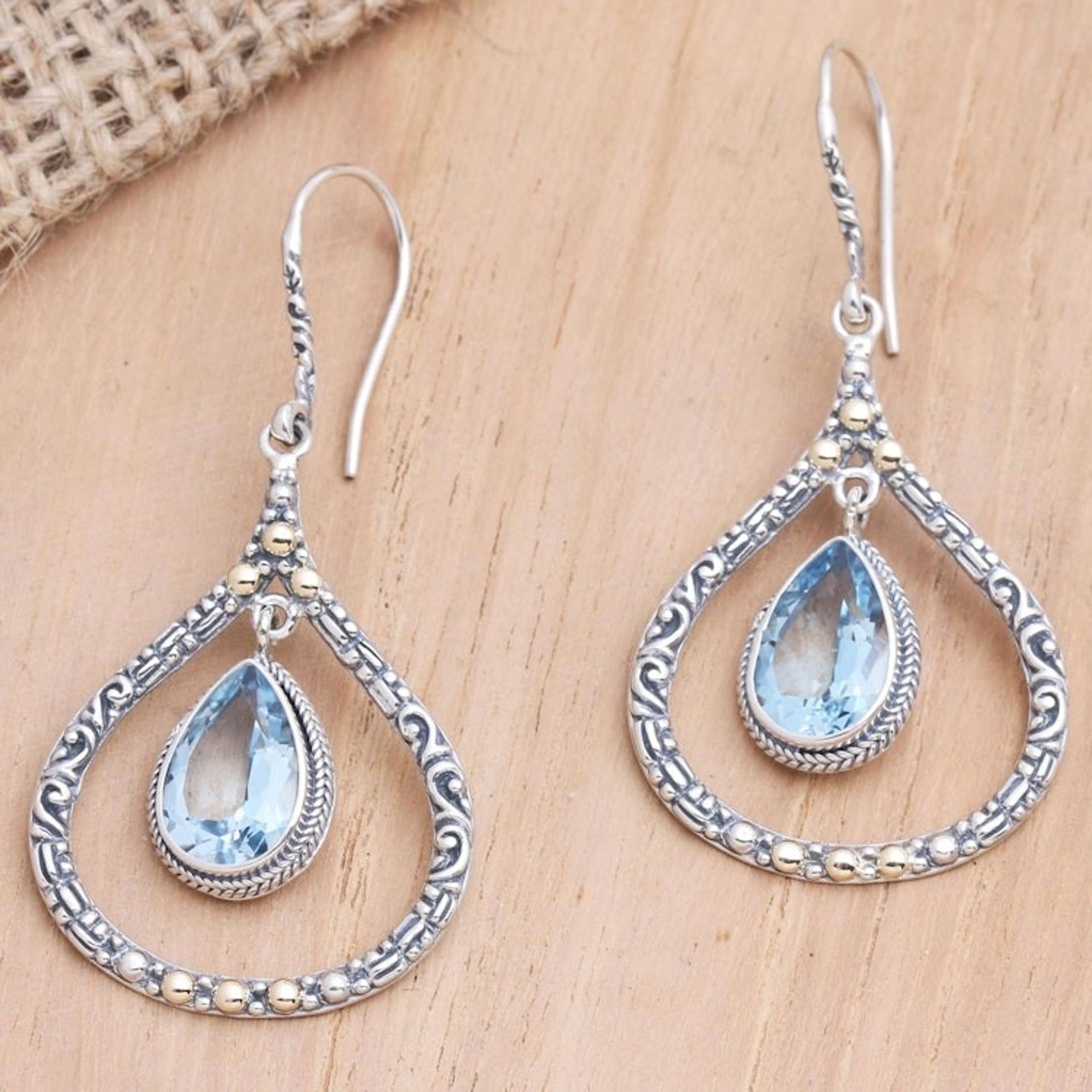 Gold-Accented Blue Topaz Dangle Earrings 'Clear Eyes in Sky'