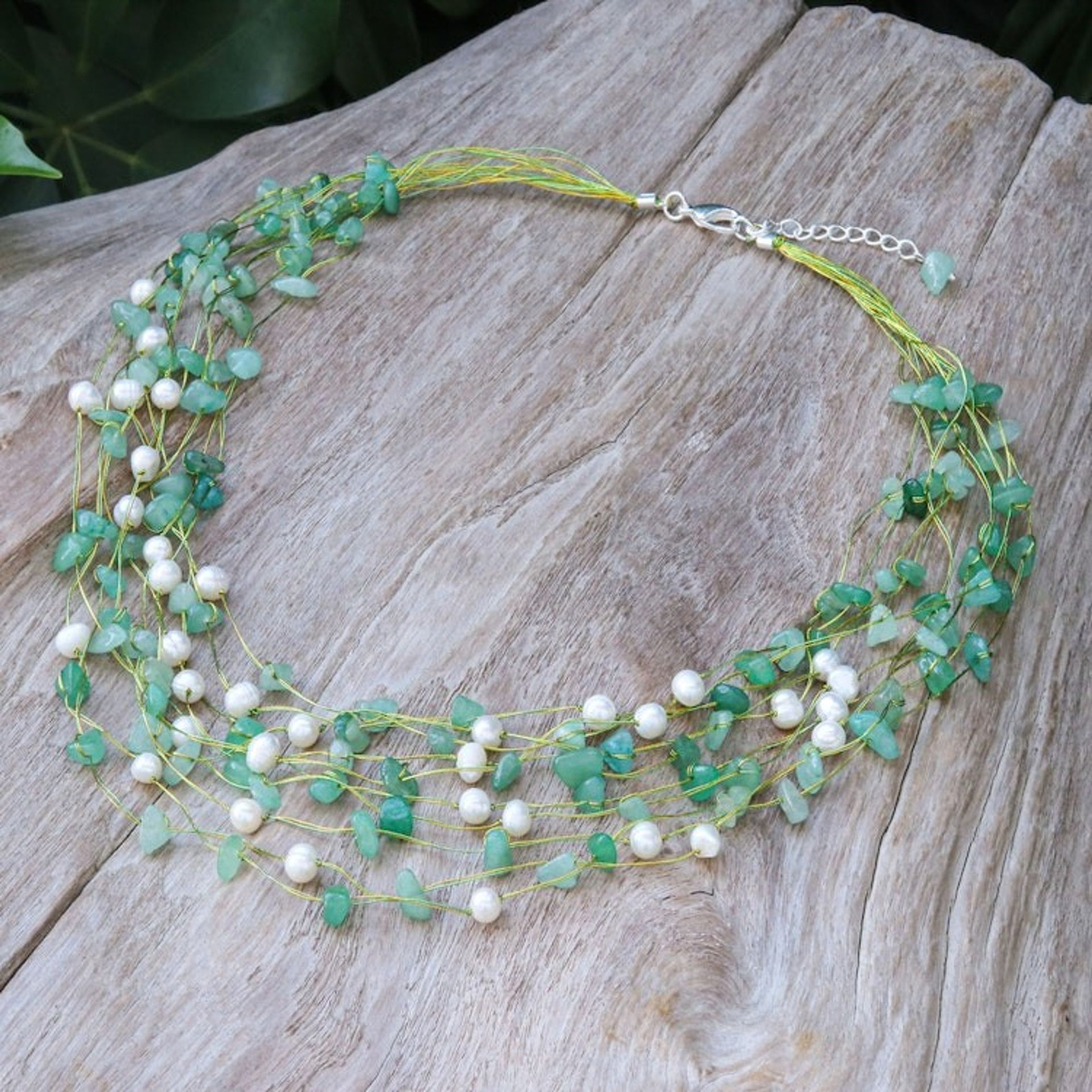 Handmade Aventurine and Cultured Pearl Waterfall Necklace 'Cascade in Mint'