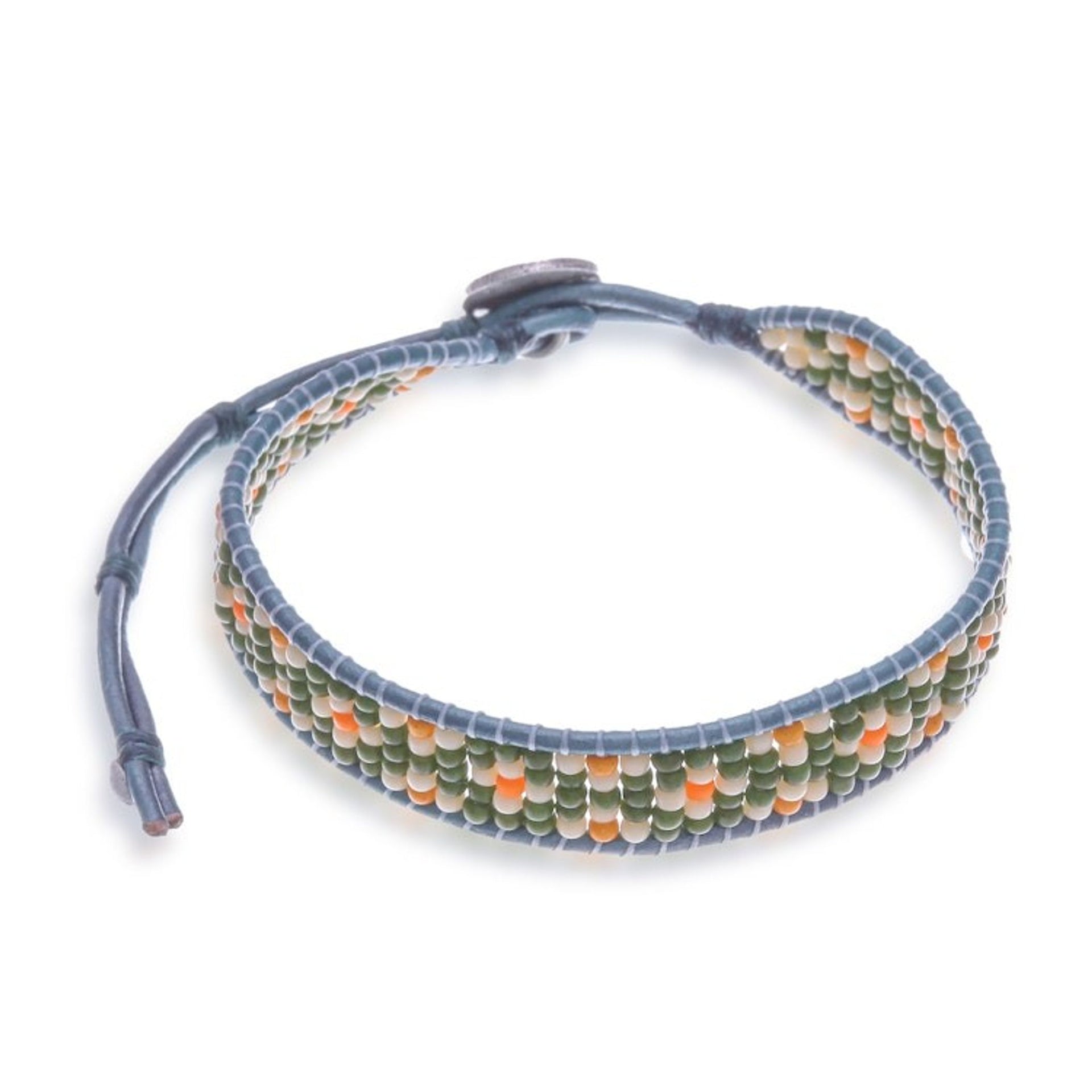 Adjustable Green and Ivory Glass Beaded Wristband Bracelet 'Peace at the Jungle'