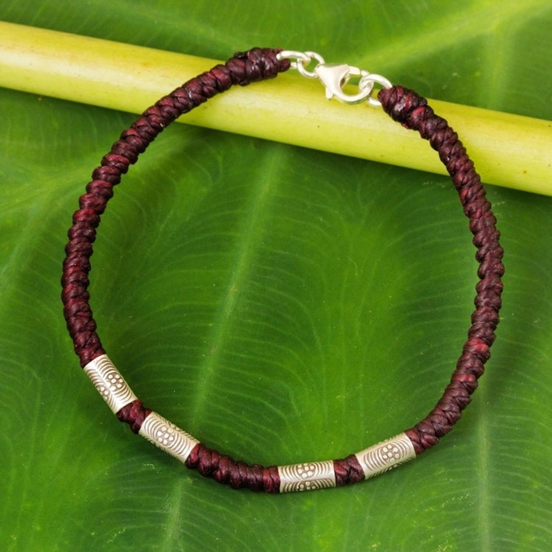 950 Silver Accent Wristband Braided Bracelet from Thailand 'Simply Happy in Maroon'