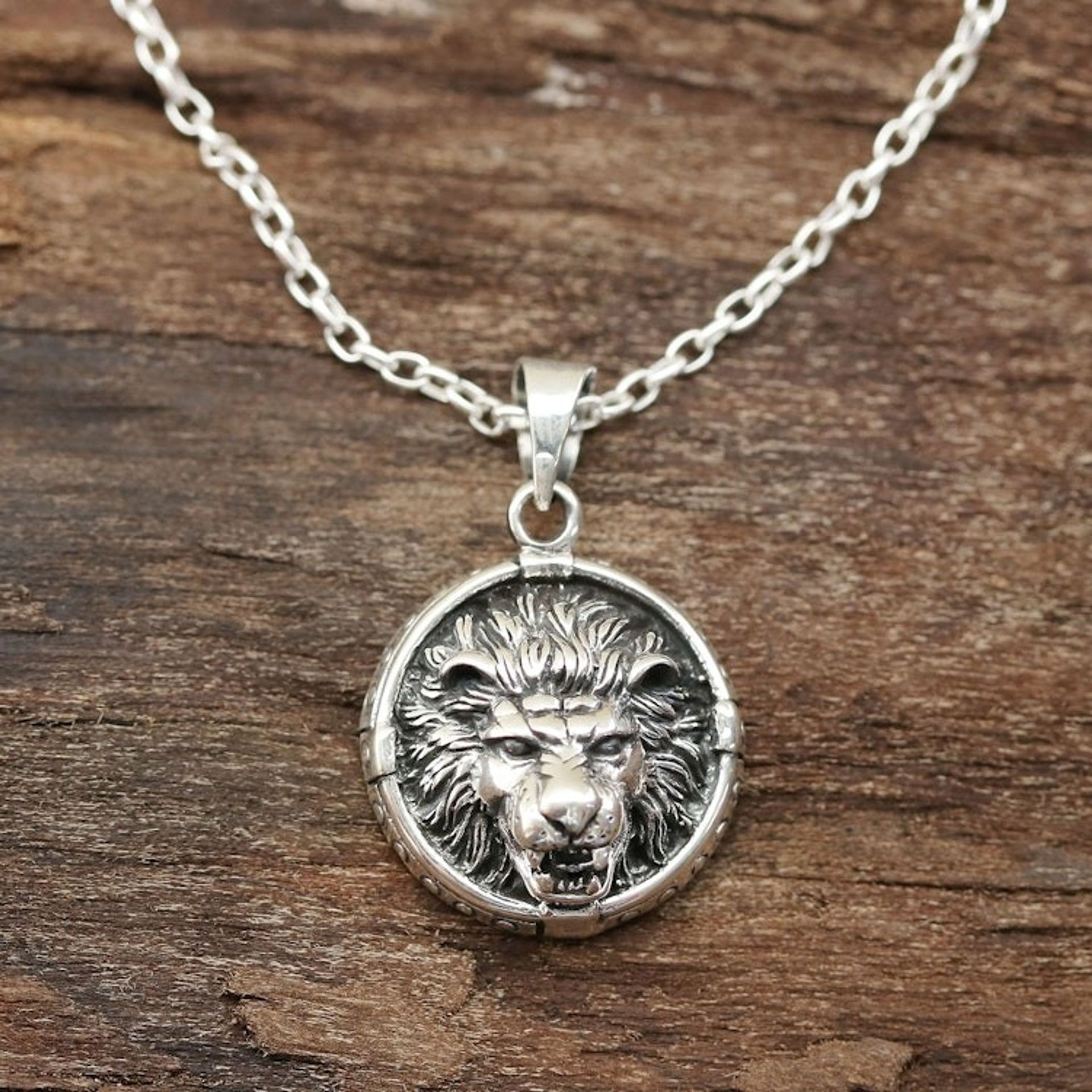 Sterling Silver Lion Pendant Necklace from India 'Lion Frame'