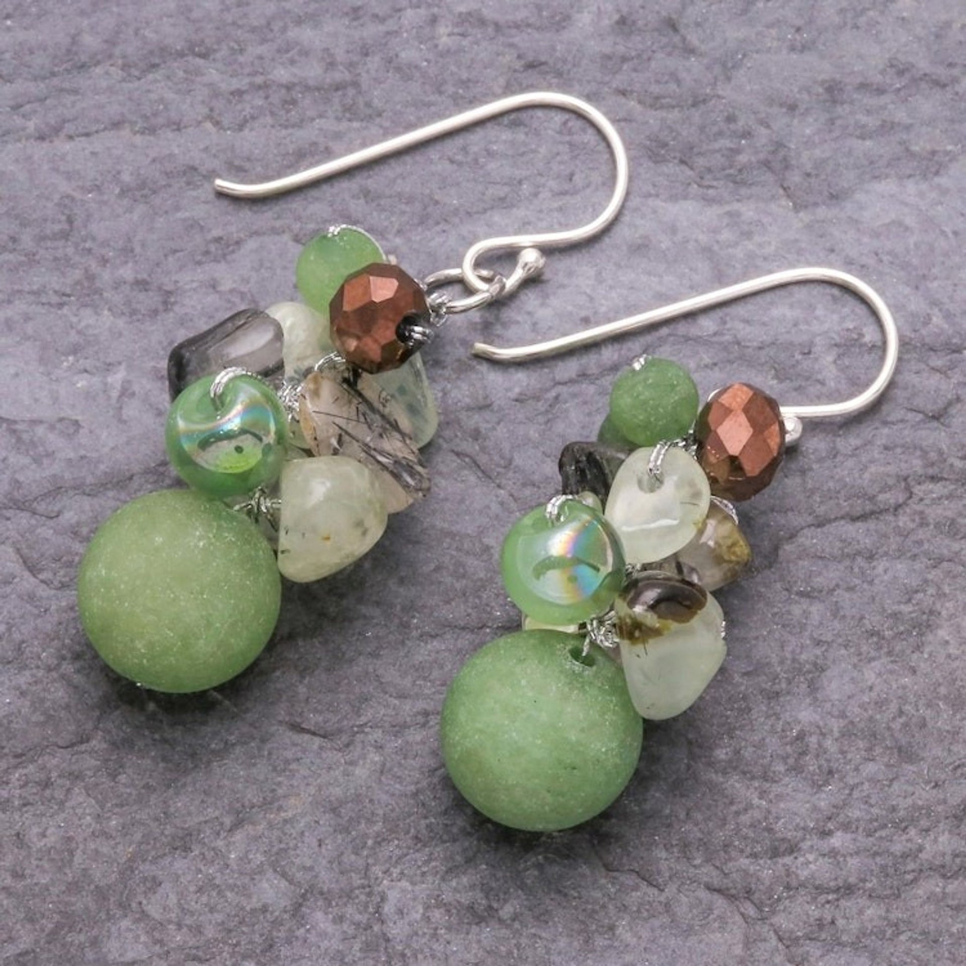 Handcrafted Prehnite and Glass Bead Dangle Earrings 'Rainstorm'
