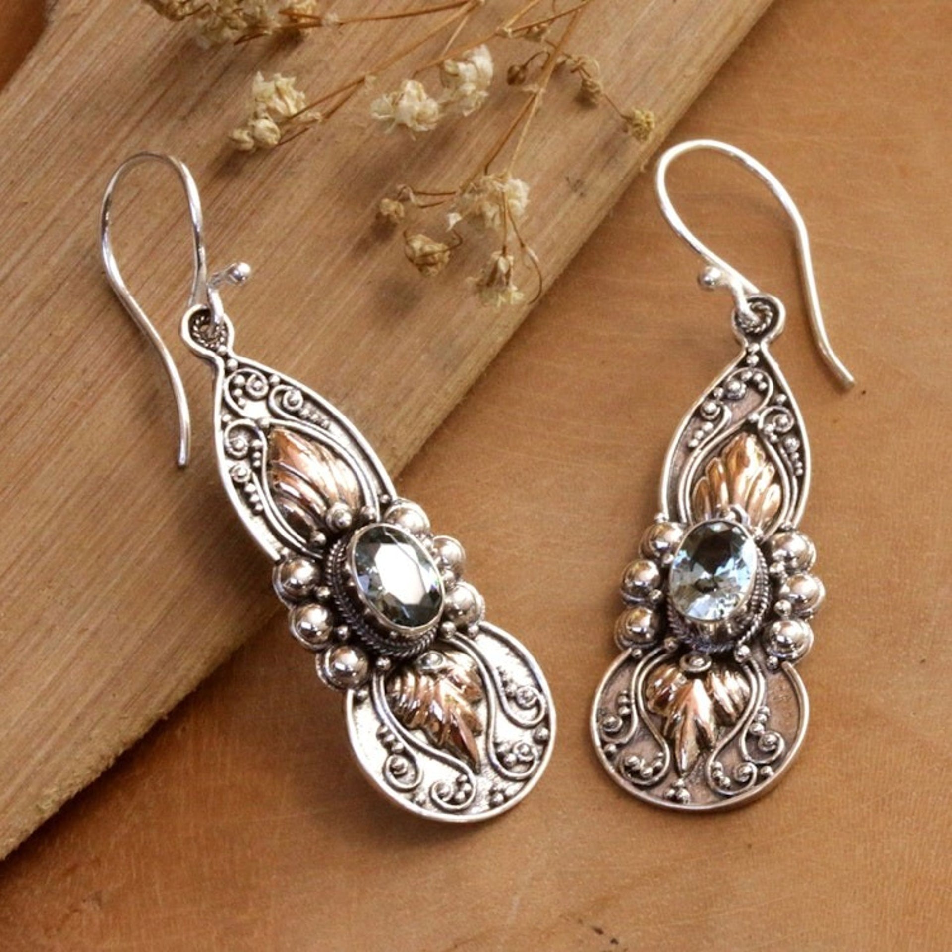 18k Gold-Accented Dangle Earrings with Blue Topaz Jewels 'Flaming Loyalty'