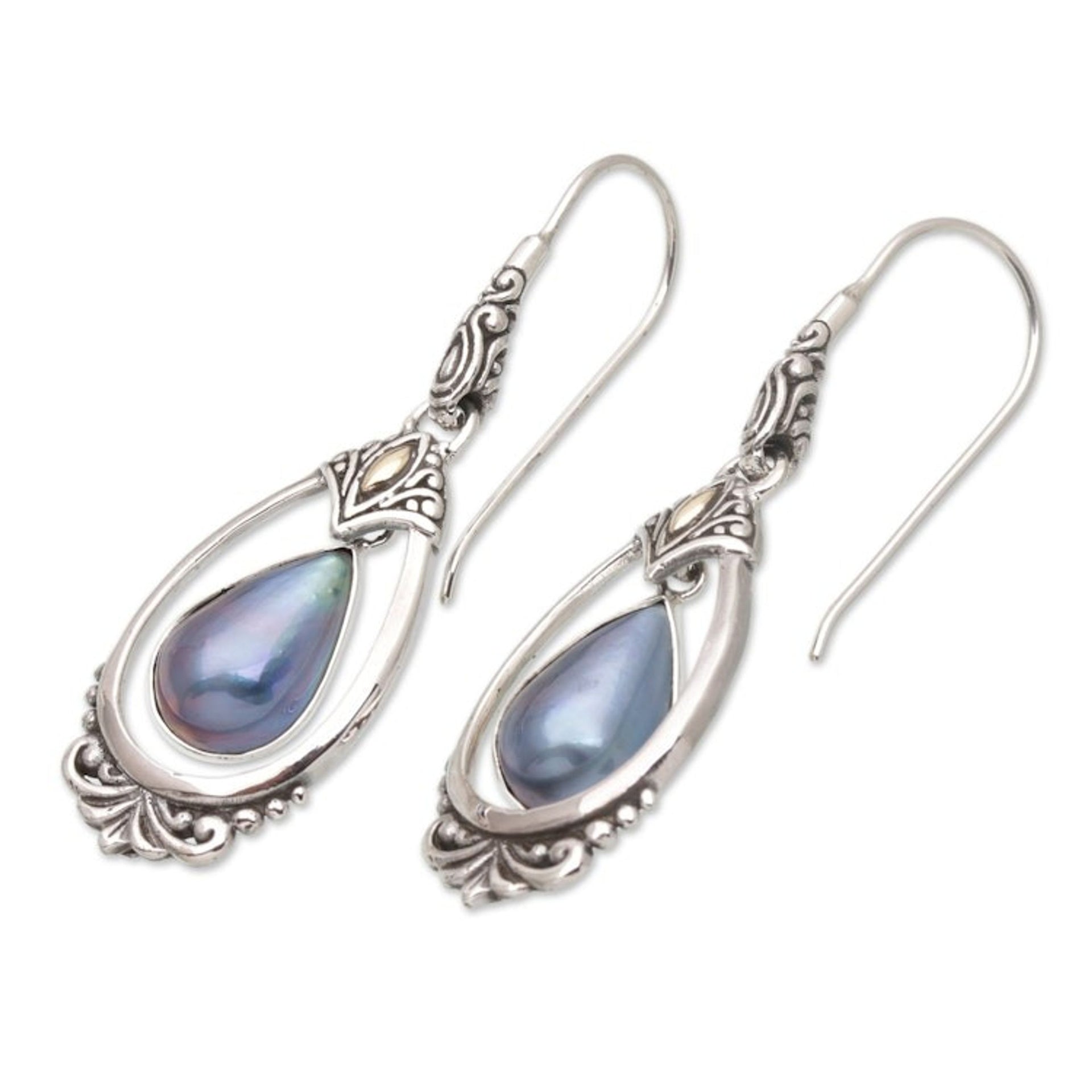 18k Gold-Accented Dangle Earrings with Blue Pearls 'Blue Victoriana'