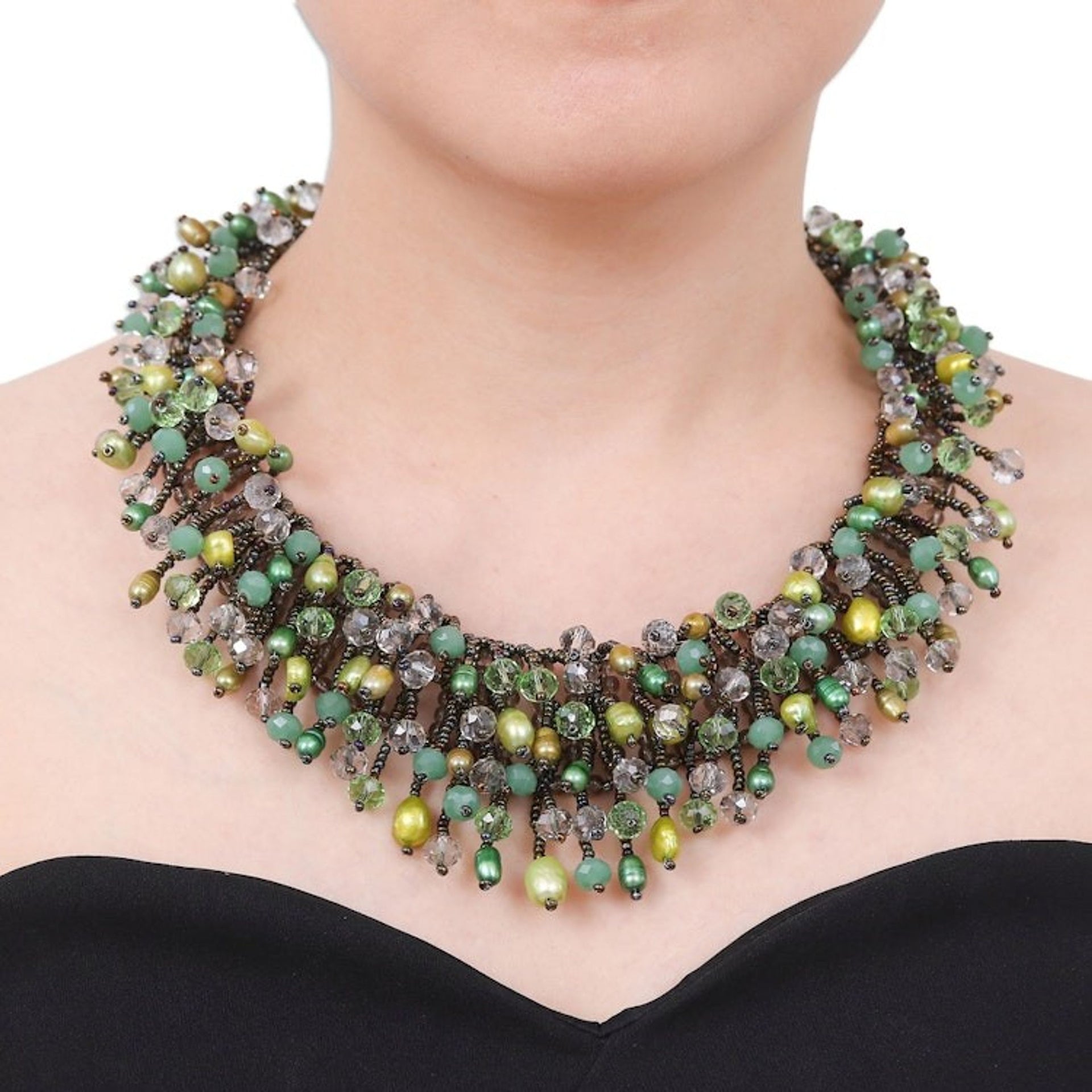 Clear Glass Beaded Waterfall Necklace with Green Pearls 'Rain of Joy'