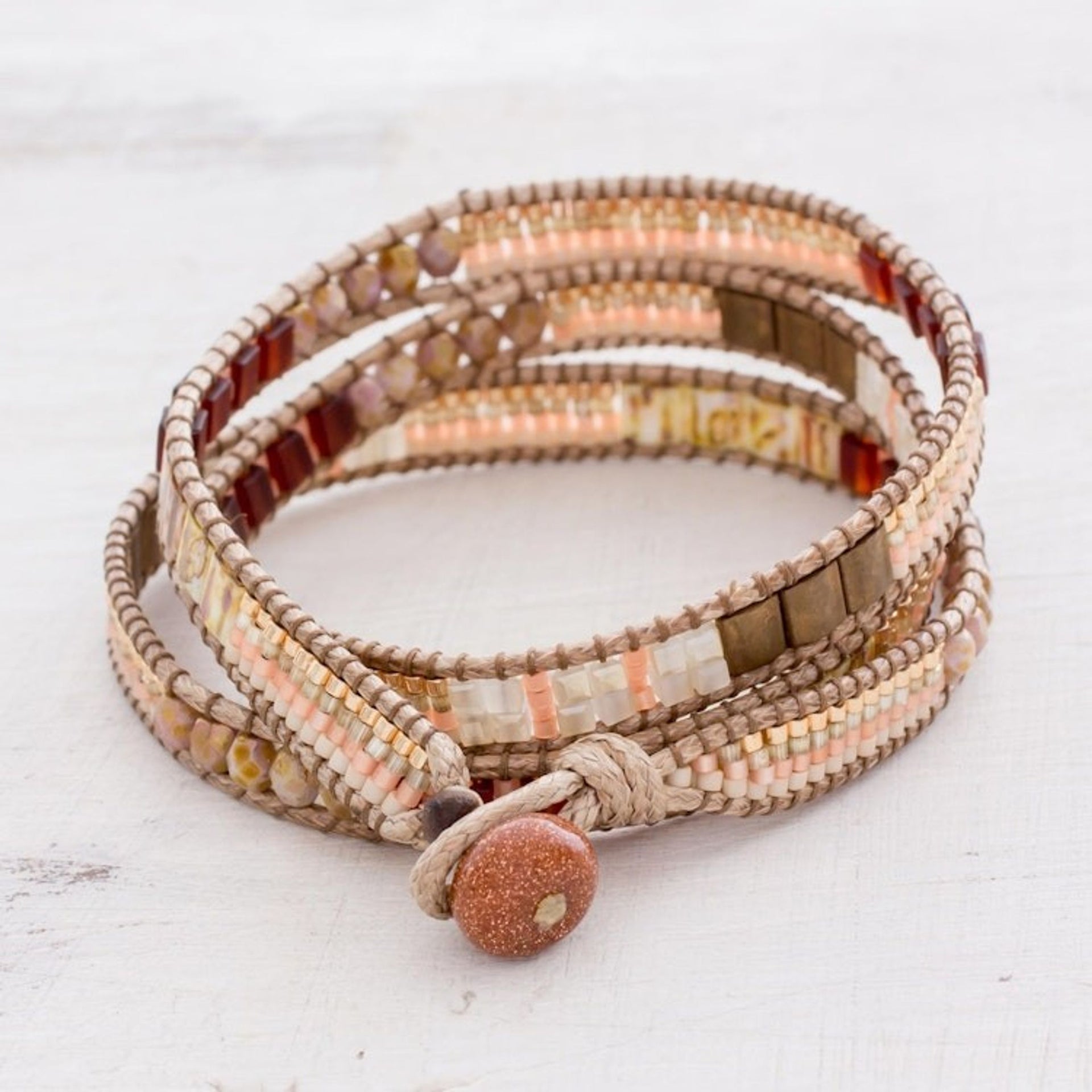 Aventurine Beaded Wrap Bracelet in Peach from Guatemala 'Mayan Architecture'
