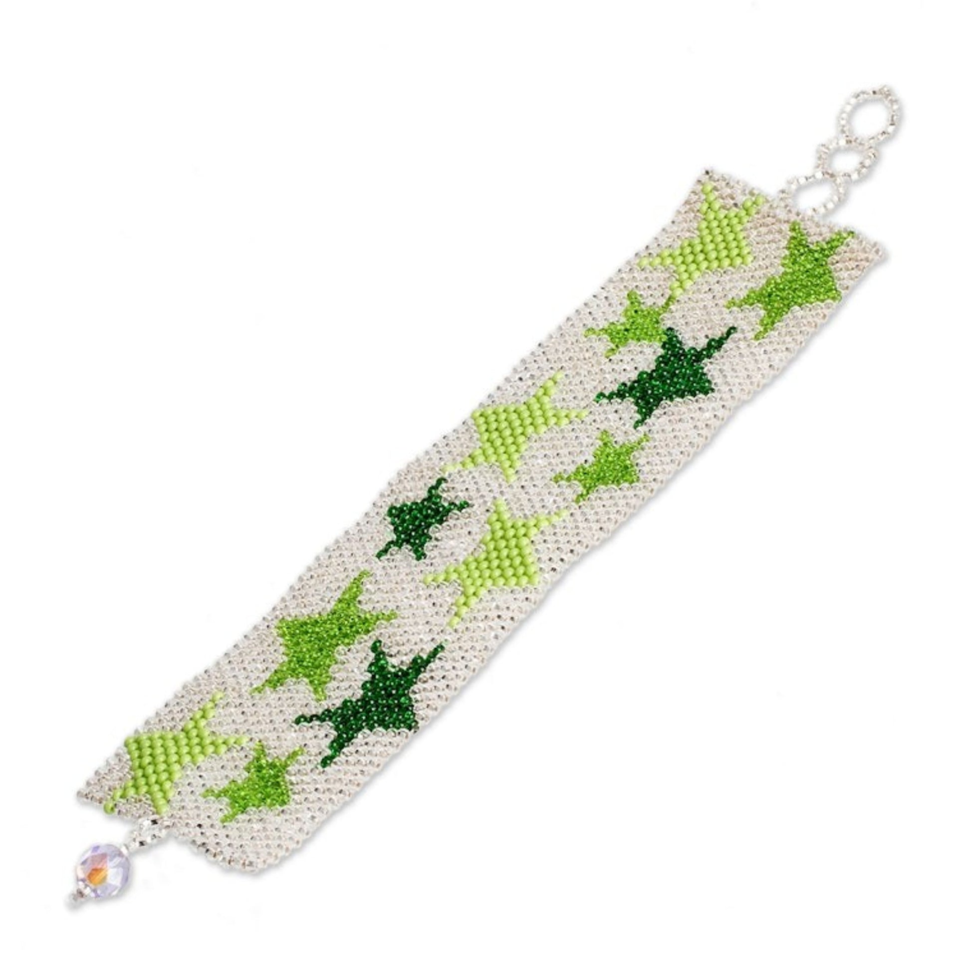 Green and Silver-Hued Star-Themed Beaded Wristband Bracelet 'Constellation in Silver'