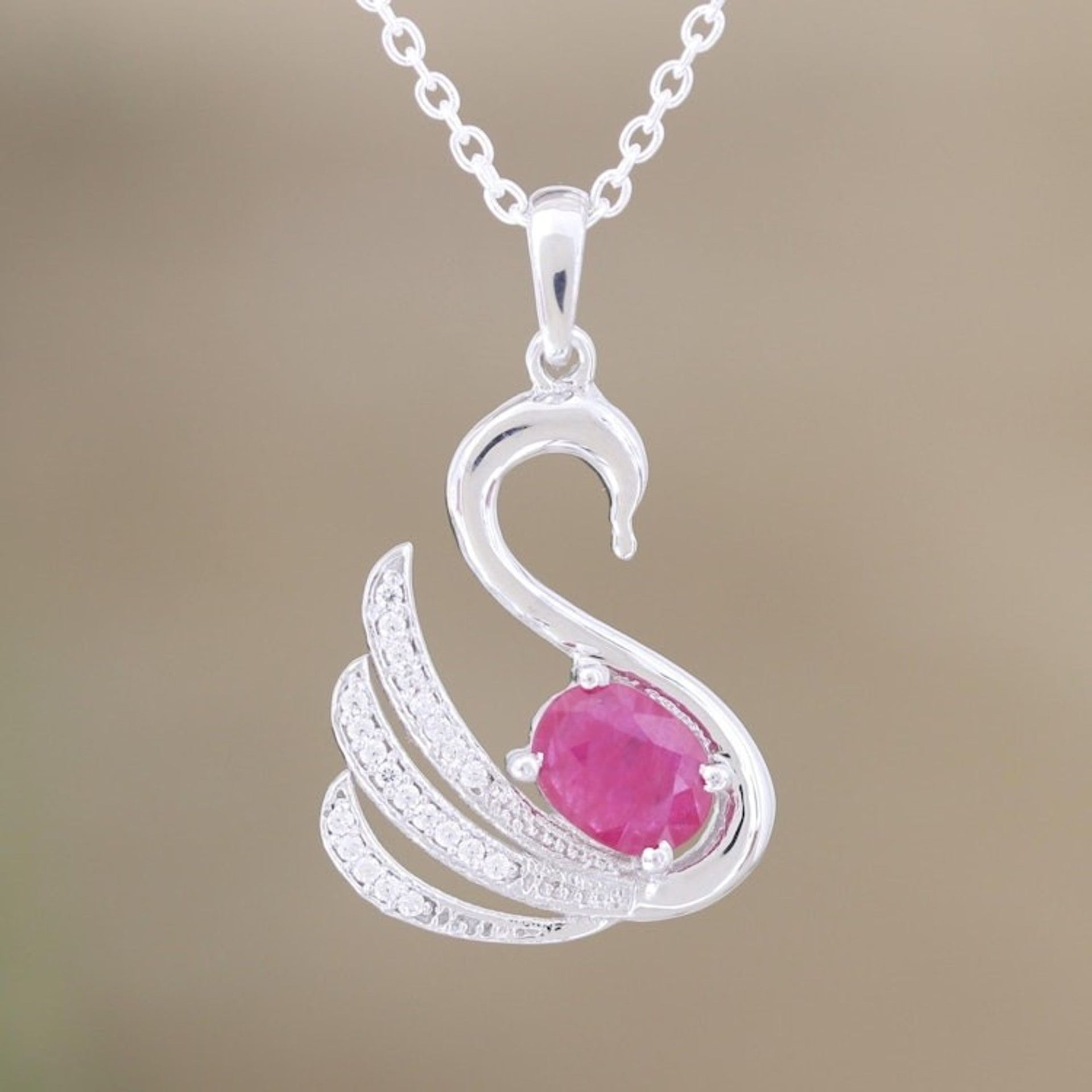 Rhodium-Plated Ruby and Cubic Zirconia Swan Necklace 'Swan Princess'