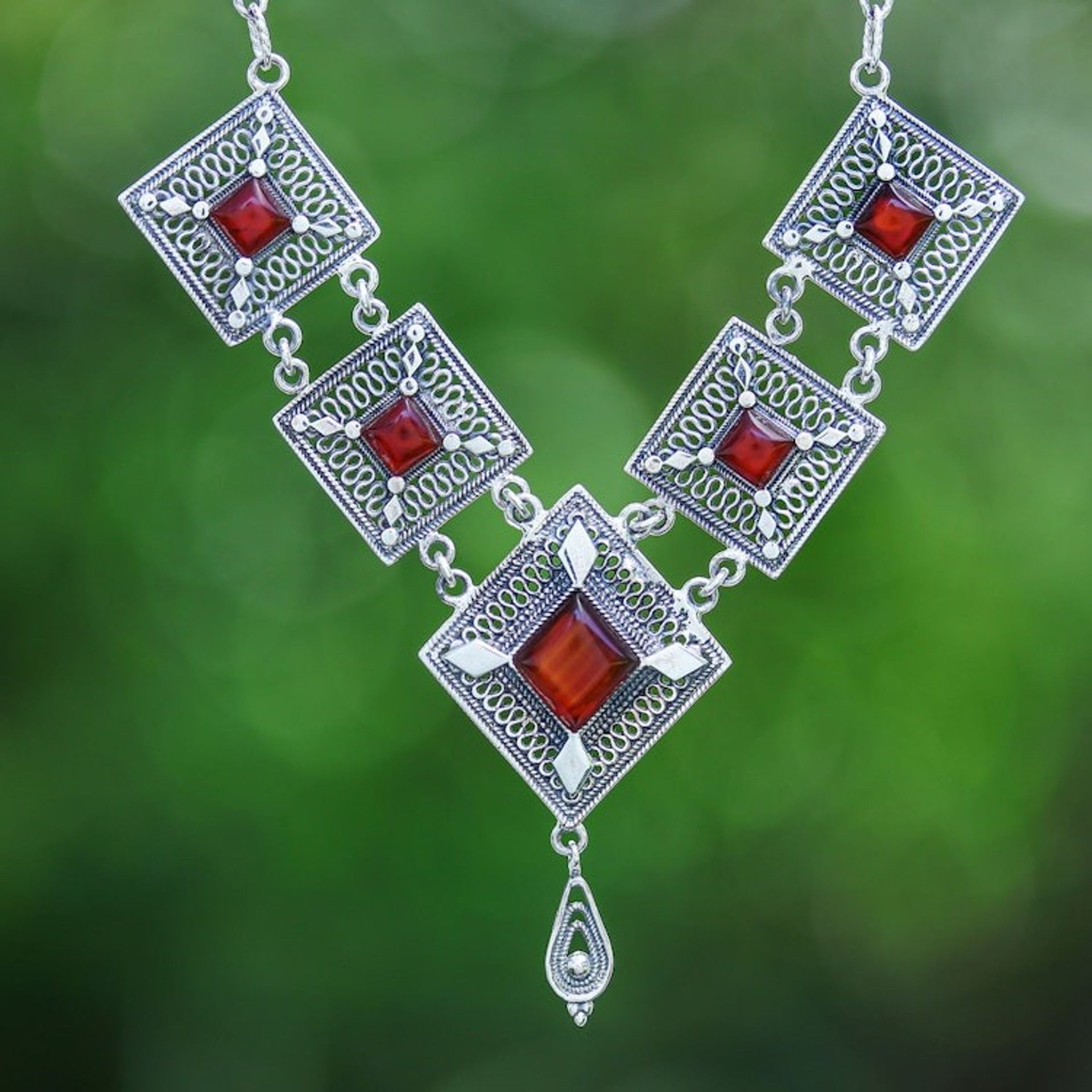 Natural Carnelian Cabochon Link Pendant Necklace 'Fiery Prima Donna'
