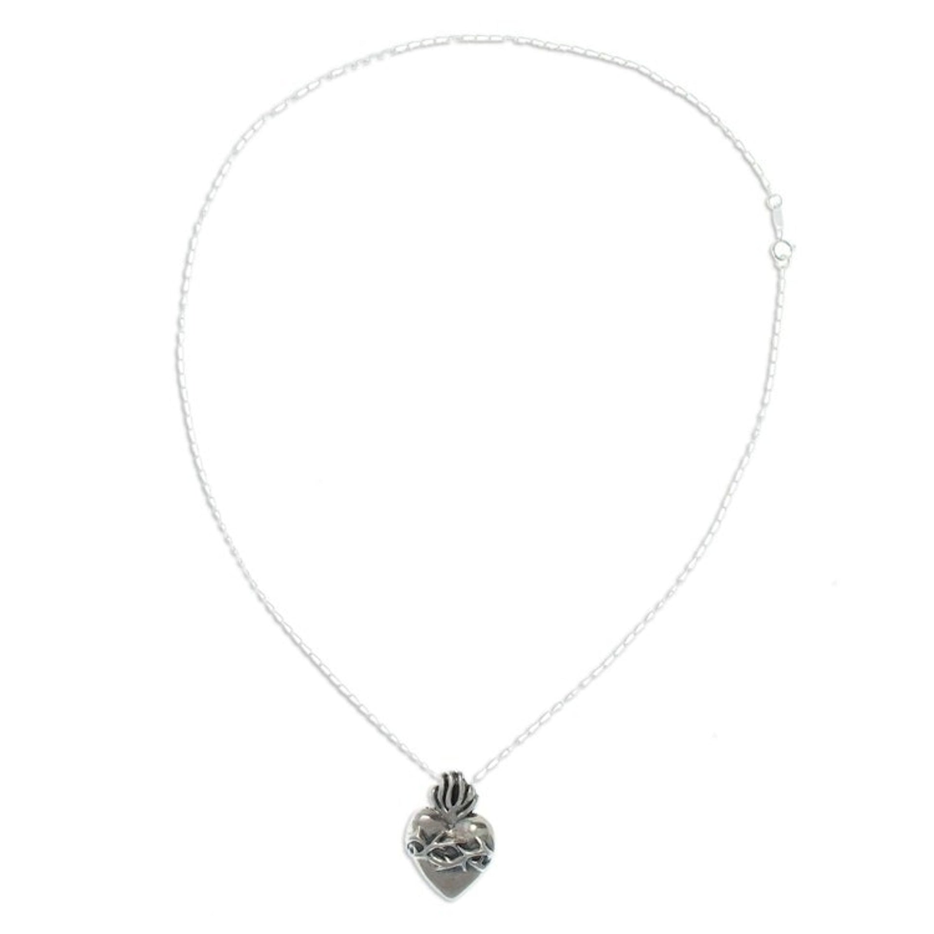 Heart of Jesus Sterling Silver Pendant Necklace from Mexico 'Blessed Heart'