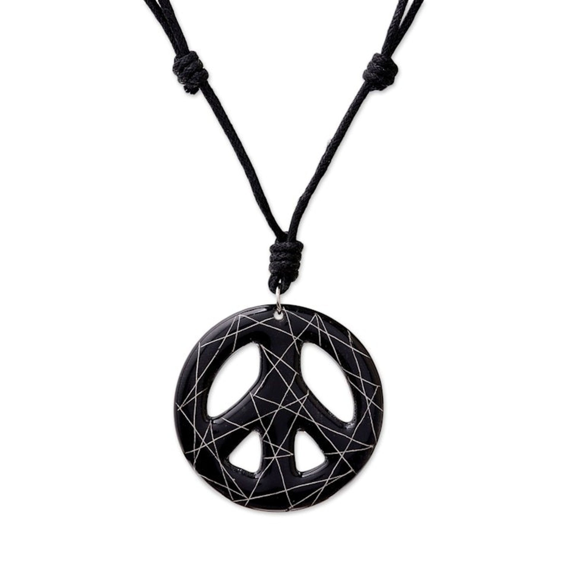Hand-Painted Ceramic Peace Necklace in Black from Thailand 'Bring Peace in Black'
