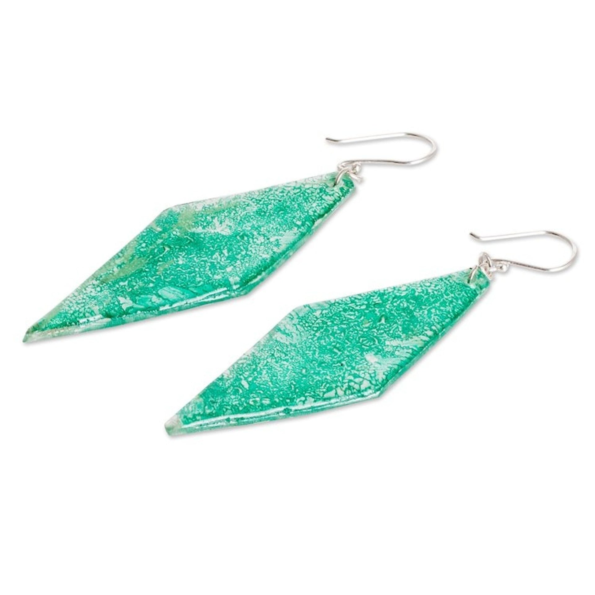 Diamond-Shaped Green Recycled CD Dangle Earrings 'My Green Elegance'