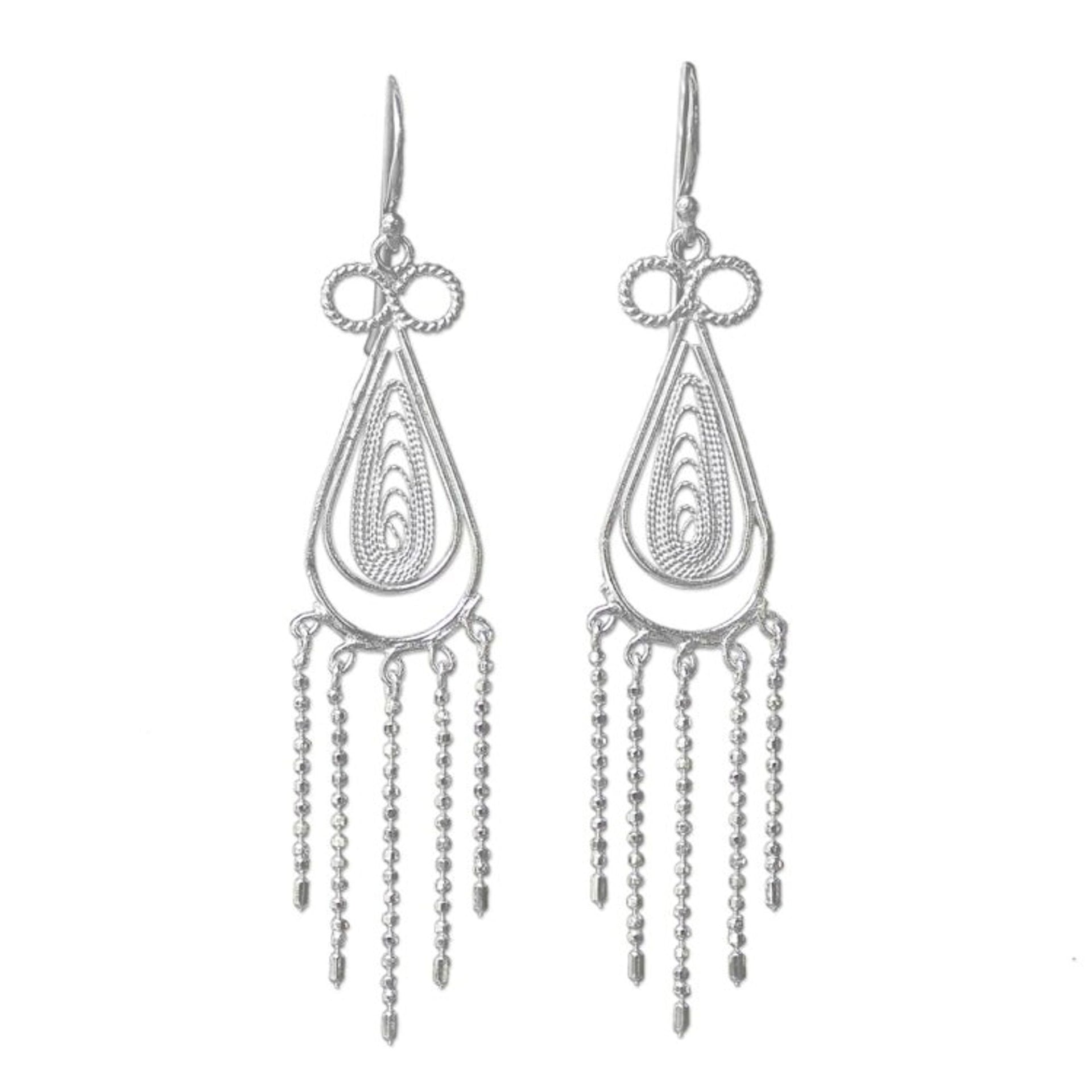 Sterling Silver Thai Filigree Chandelier Teardrop Earrings 'Fringed Droplets'