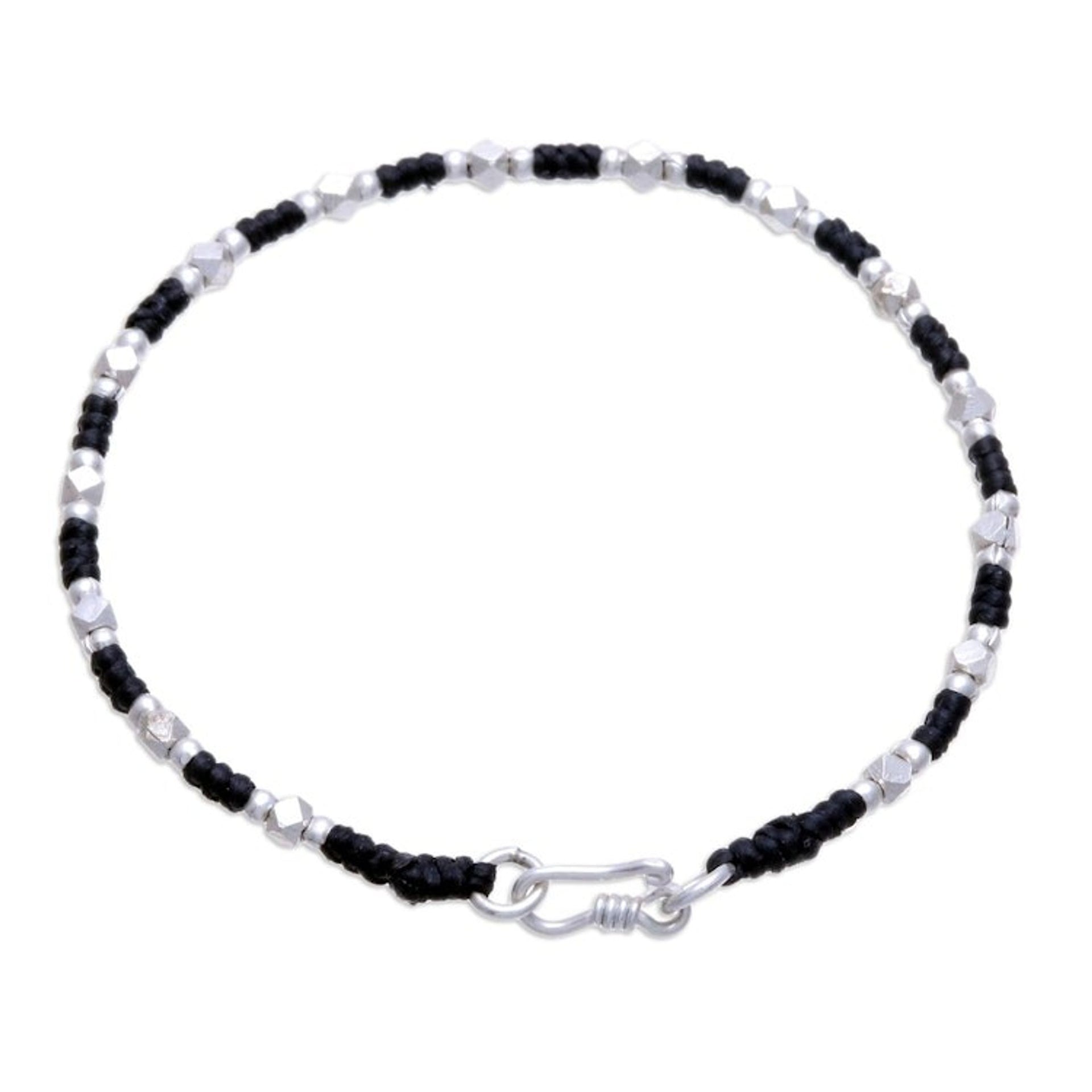 Handcrafted Braided Bracelet with Geometric Silver Beads 'Bohemian Geometry'