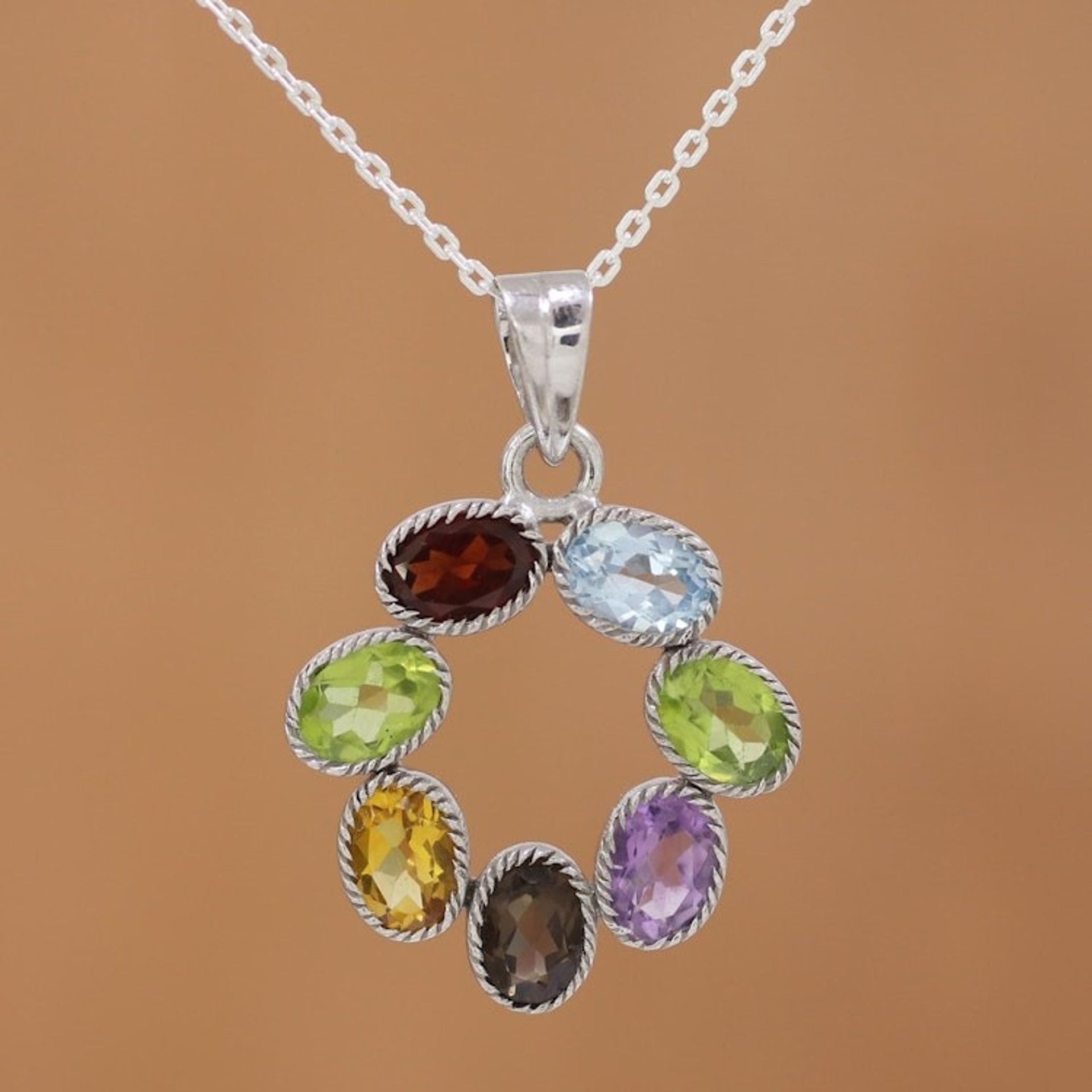 Multi-Gemstone Pendant Necklace on Cable Chain 'Joyful Colors'