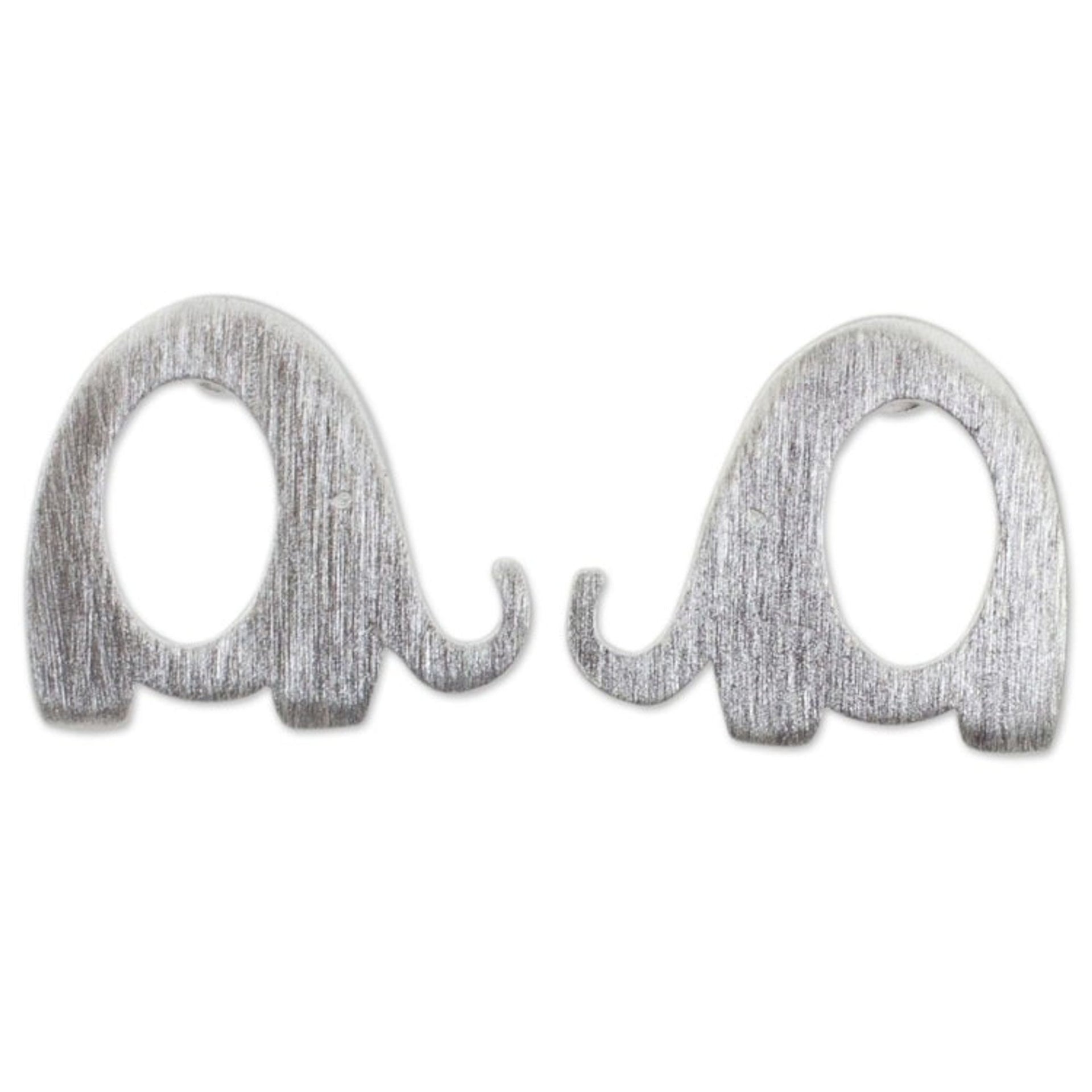 Brushed Silver Elephant Stud Earrings from Thai Artisan 'Tiny Elephants'