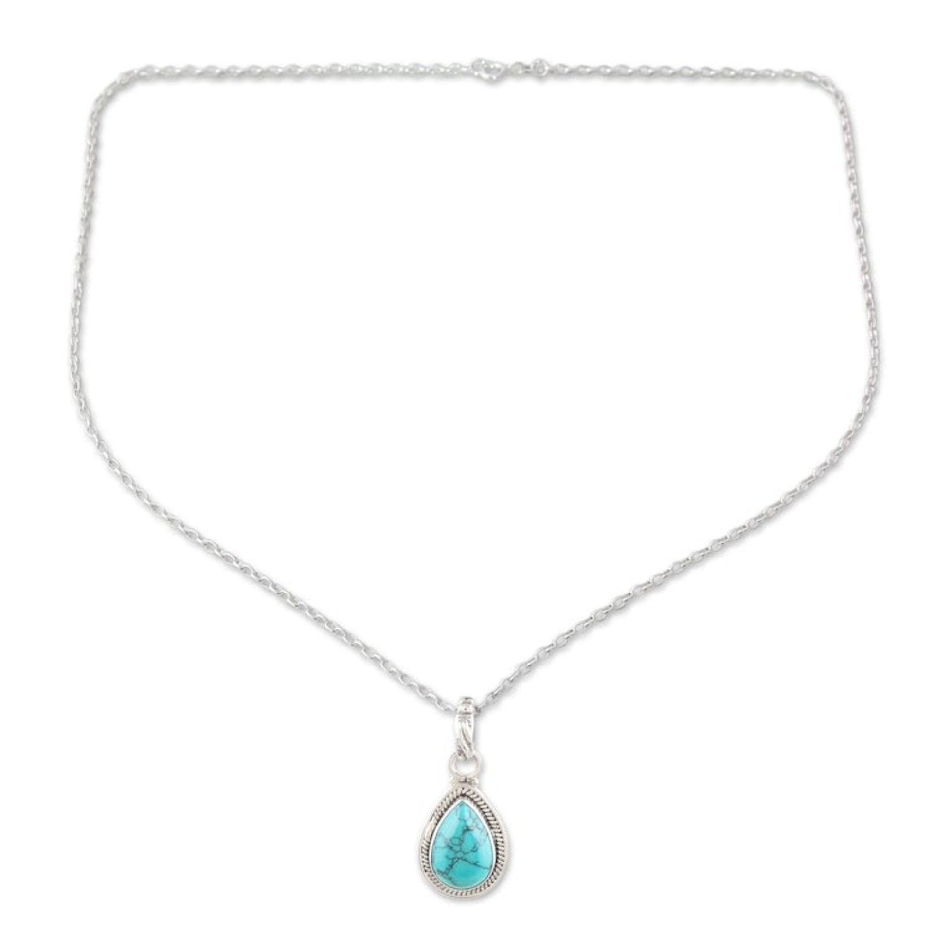 Sterling Silver Pendant Necklace with Recon Turquoise Gem 'Cool Halo Effect'