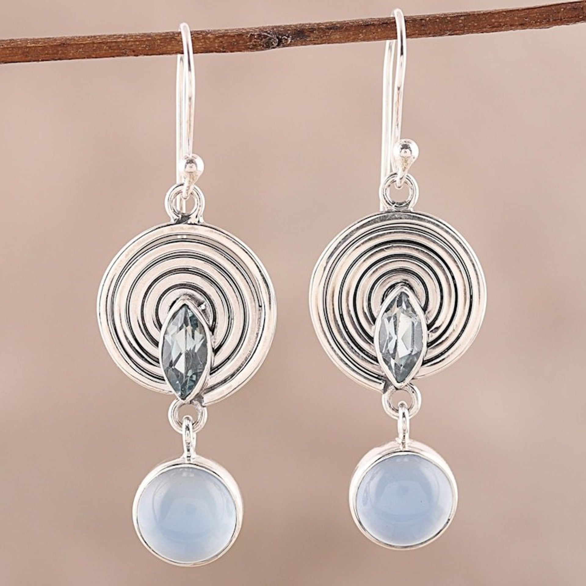 Blue Topaz and Chalcedony Dangle Earrings from India 'Wonderful Spiral'