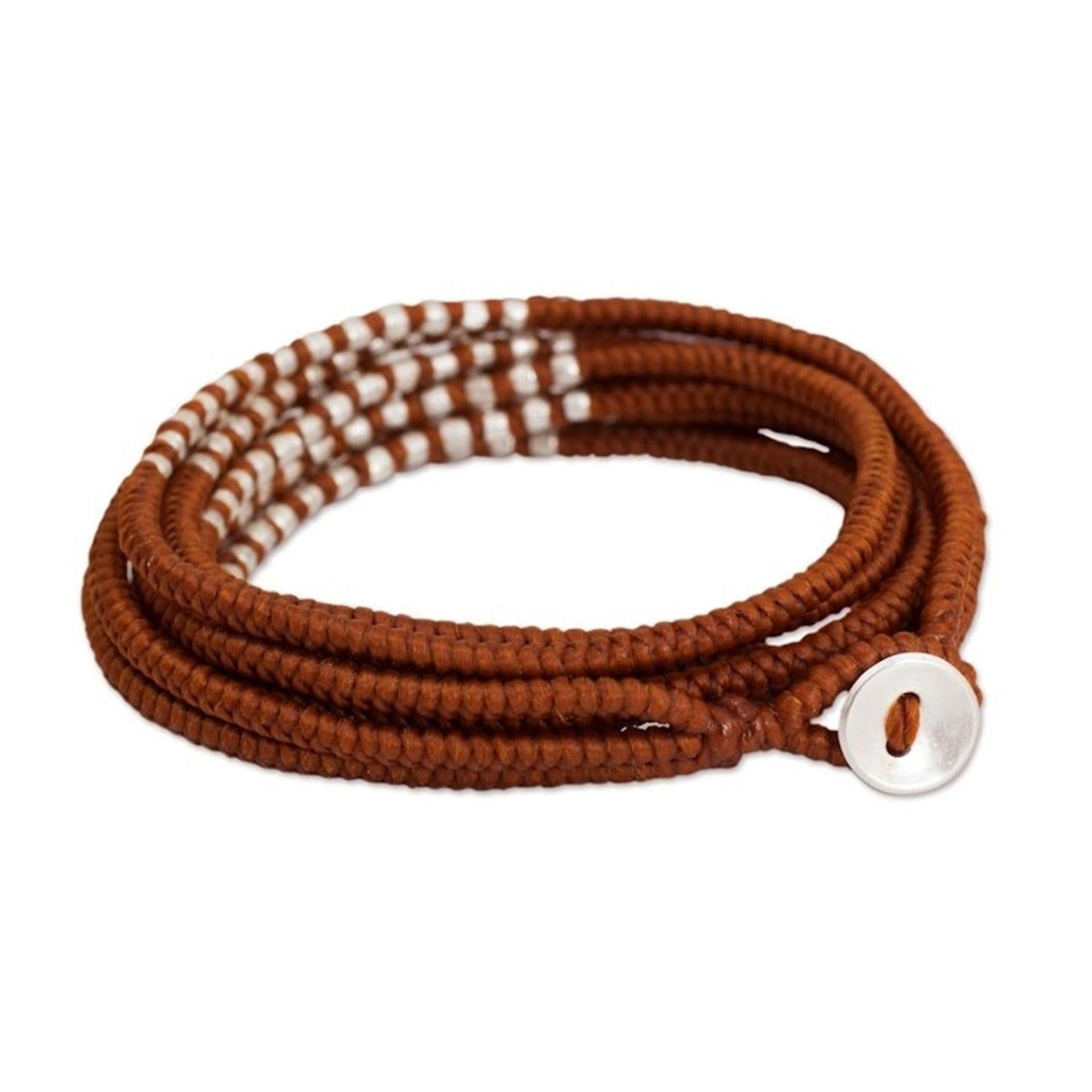 Hand Knotted Wrap Bracelet with Silver Accents 'Karen Honey Chic'