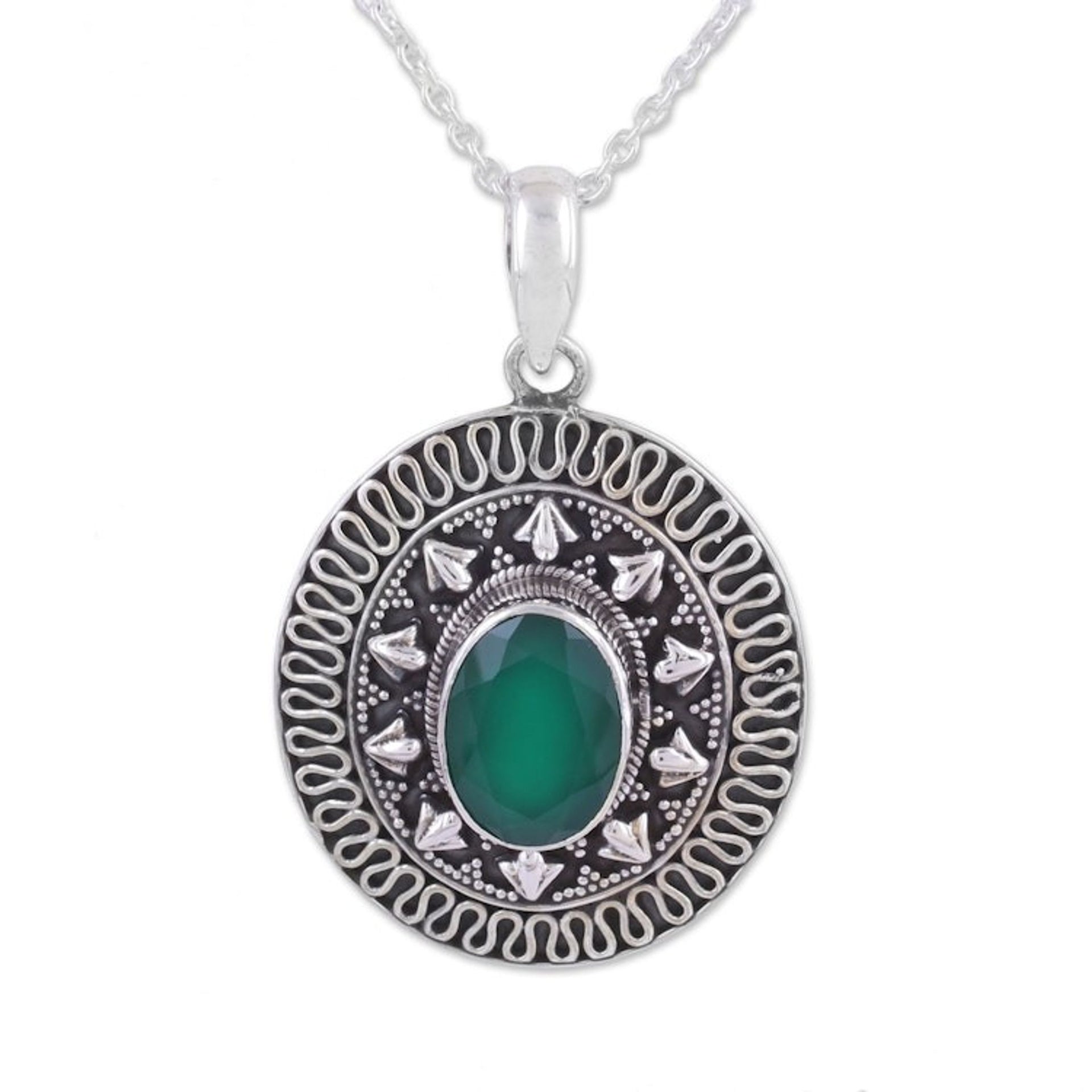 Green Onyx and Sterling Silver Pendant Necklace from India 'Jaipur Mystic'