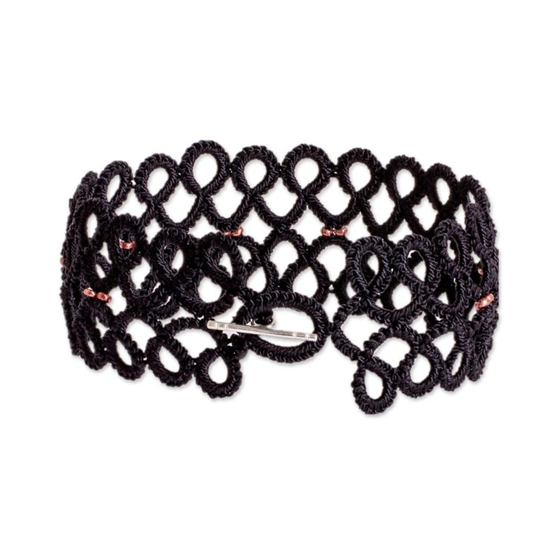 Black Macrame Wristband Bracelet with Golden-Toned Beads 'Gleams of Glamour'