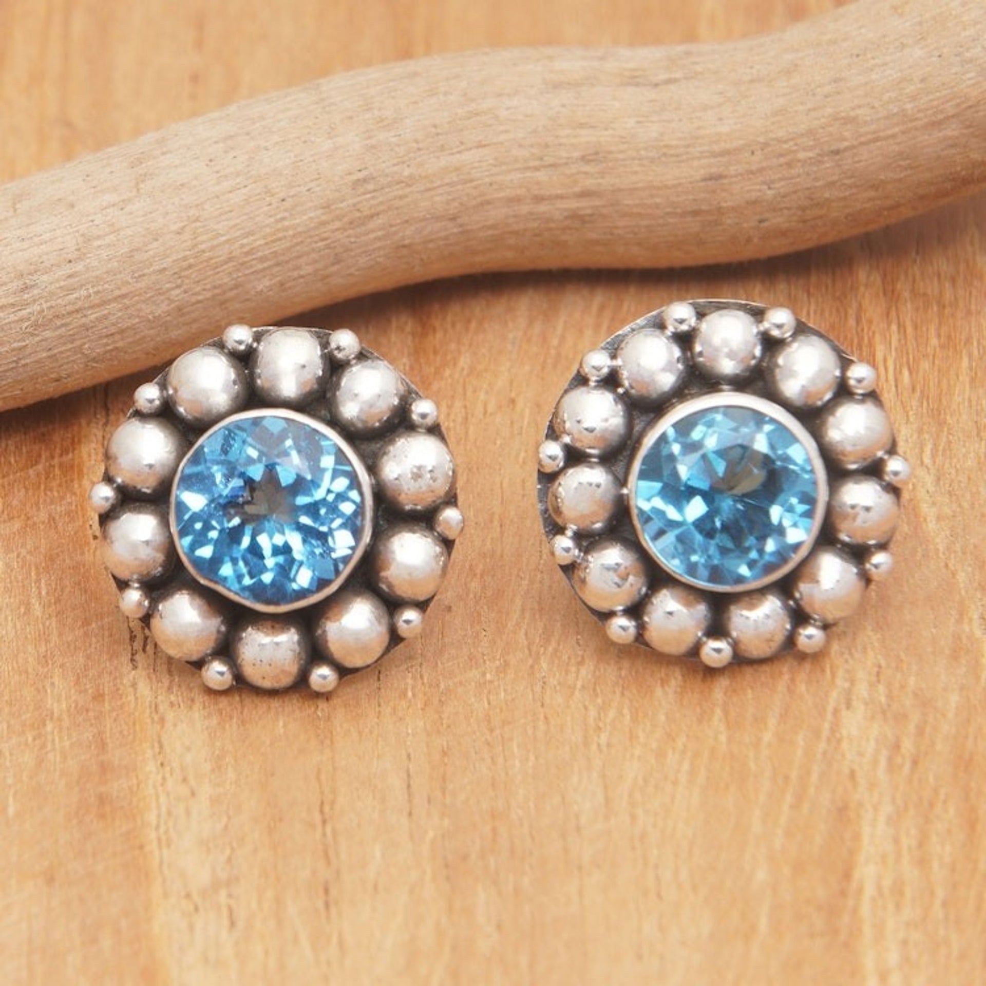 Blue Topaz Button Earrings with Sterling Silver Beads 'Azure Fancy Flower'