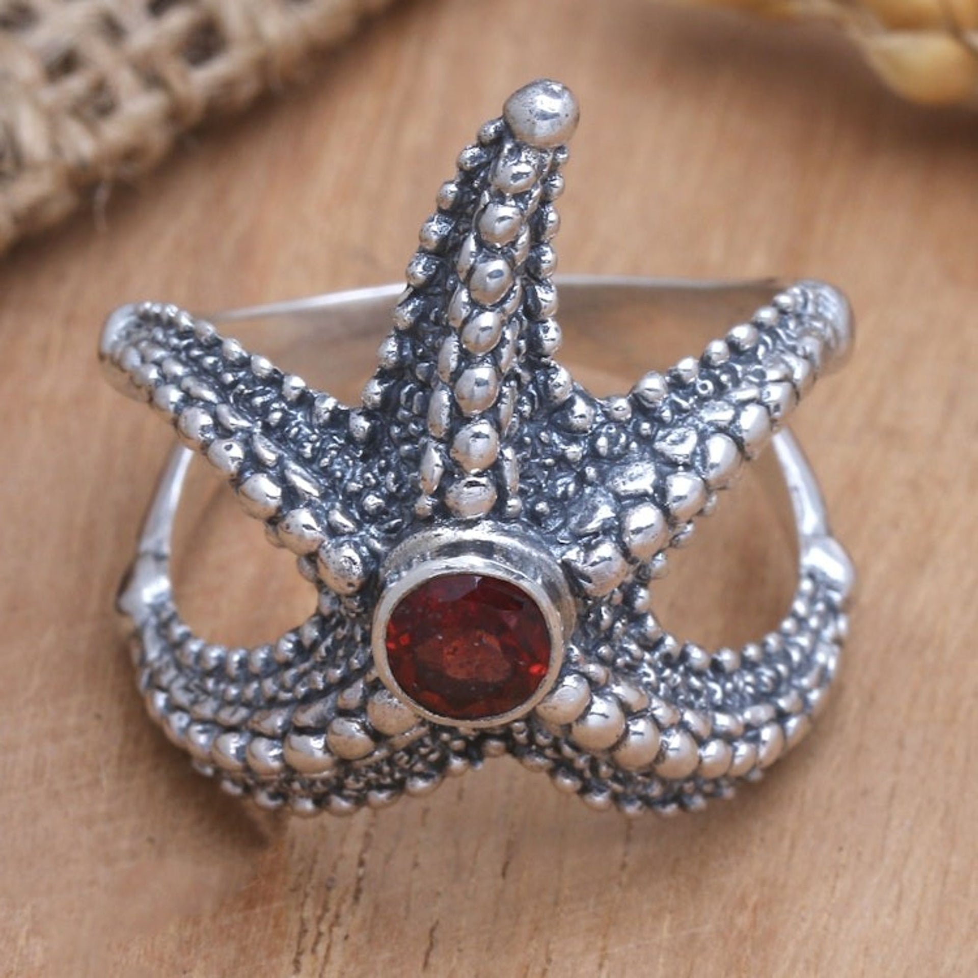 Garnet Sterling Silver Starfish Cocktail Ring from Bali 'Red Starfish'