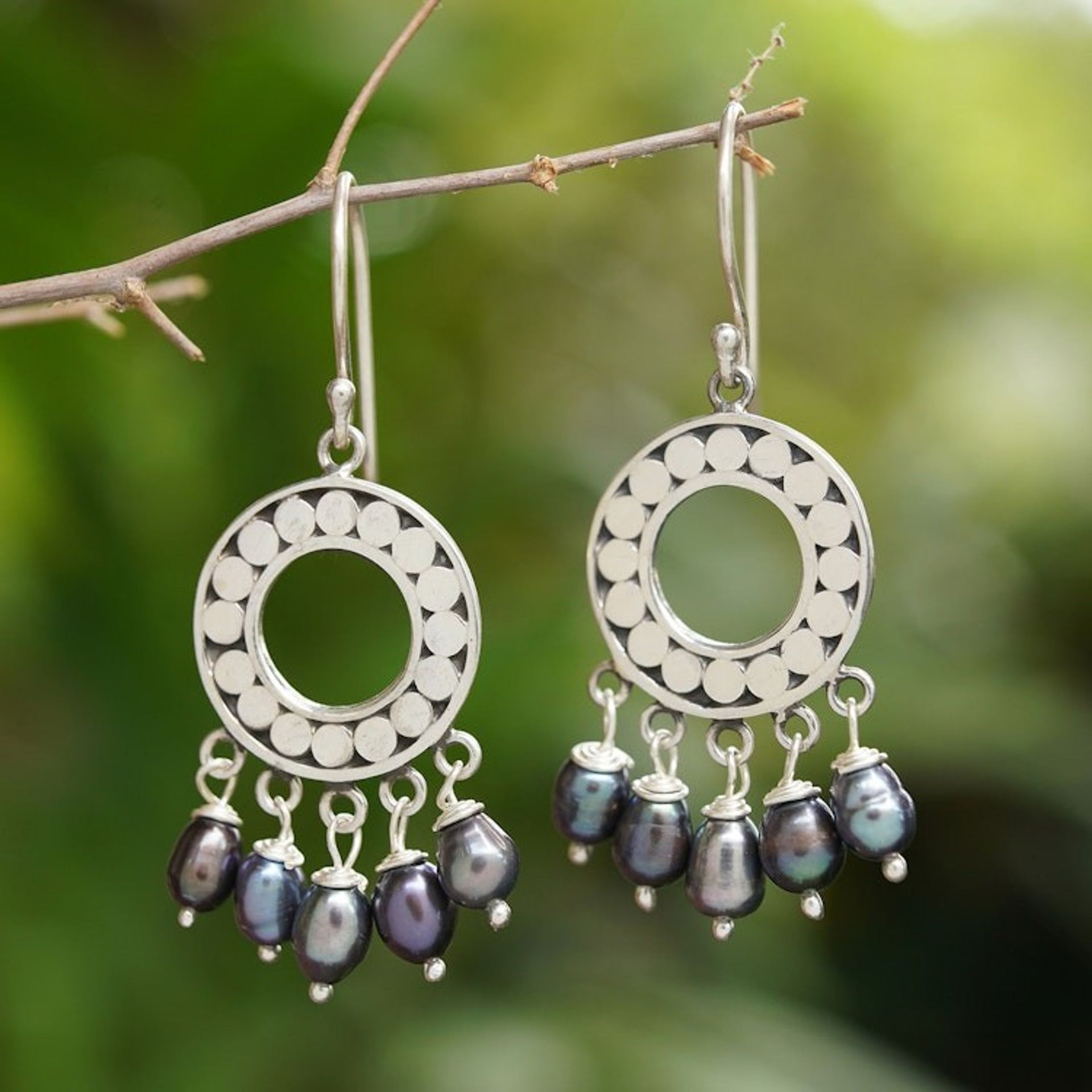 Sterling Silver Pearl Chandelier Earrings 'Black Moon Aura'
