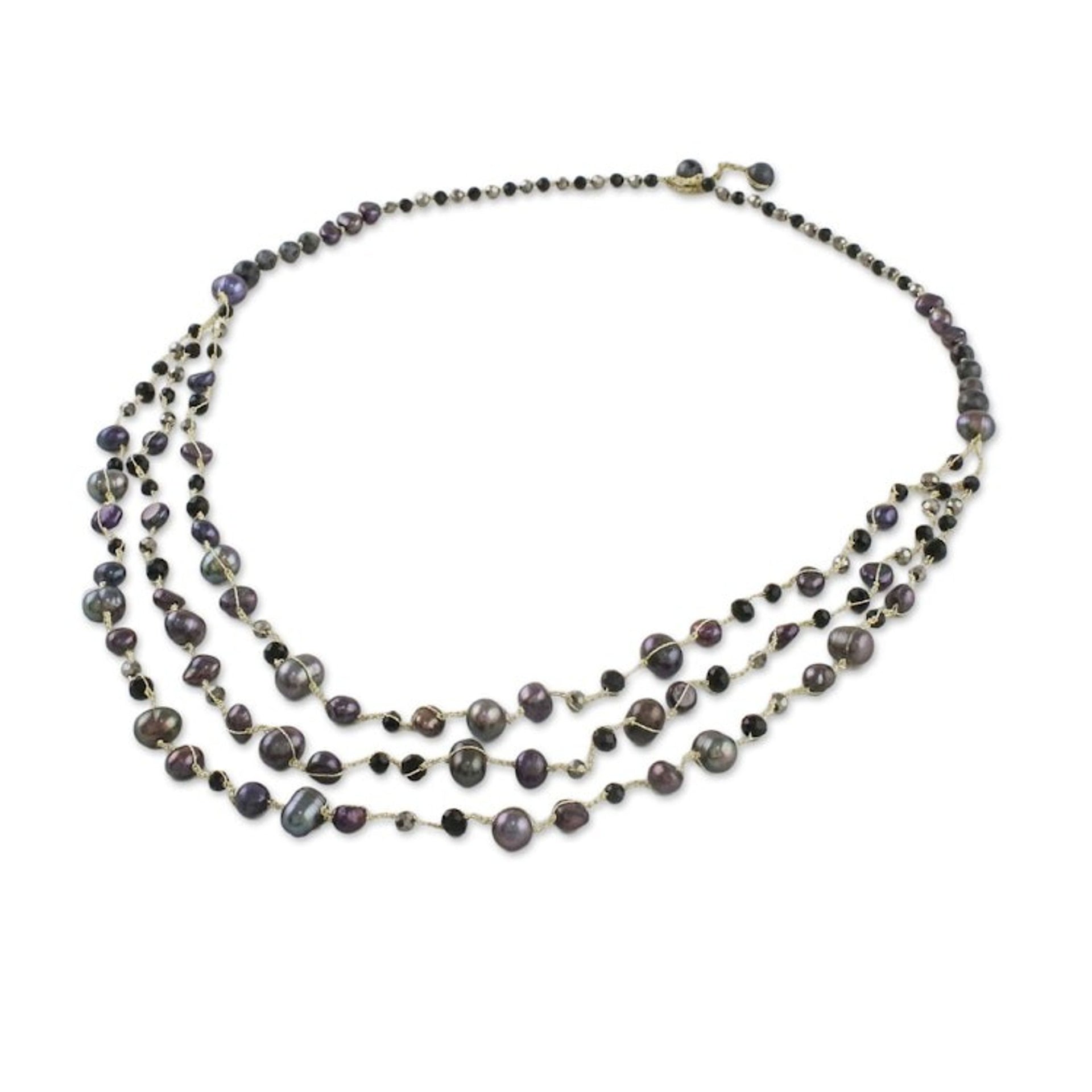 Cultured Pearl and Quartz Beaded Necklace from Thailand 'Festive Holiday in Black'