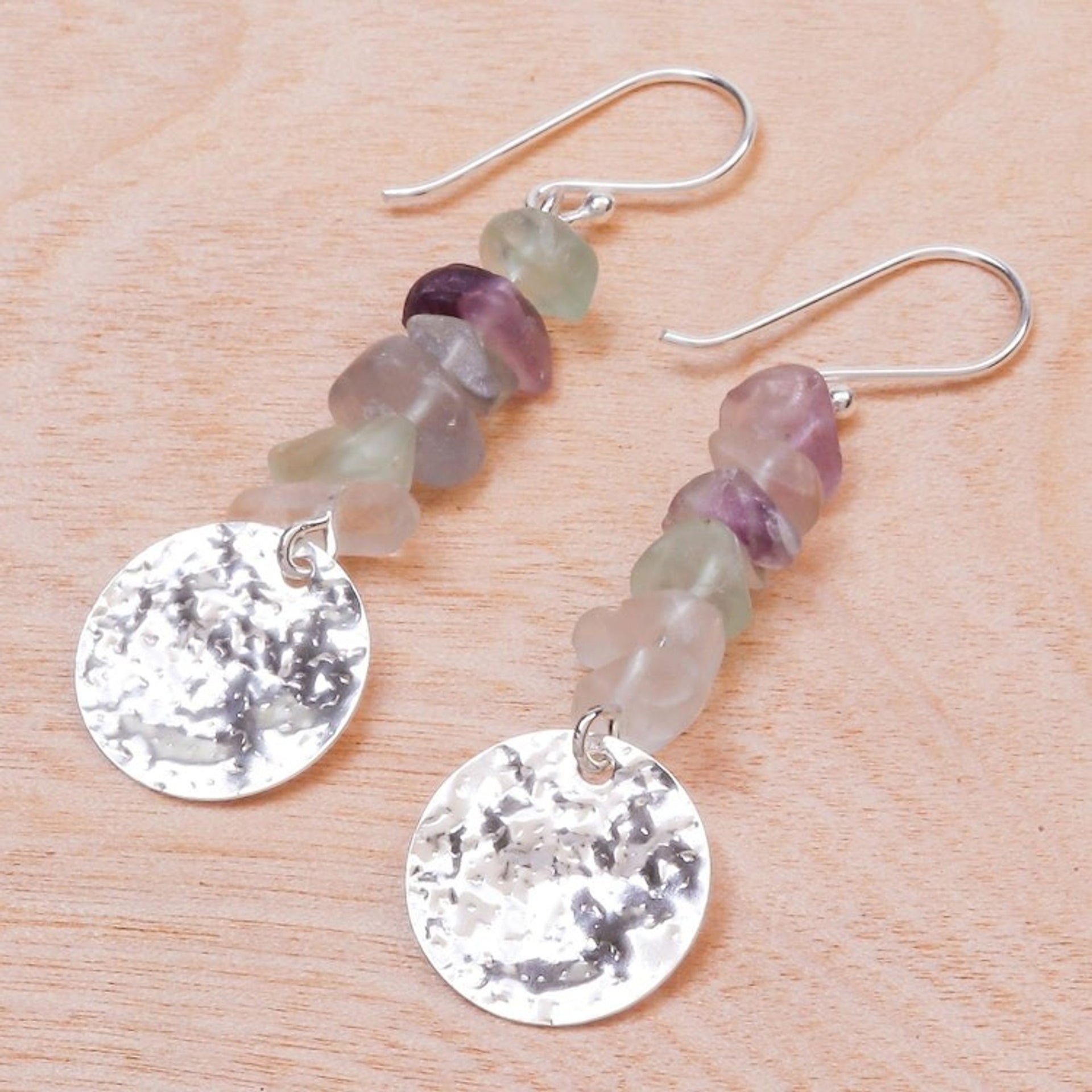 Hand Crafted Fluorite and Sterling Silver Dangle Earrings 'Shining Moon in Purple'