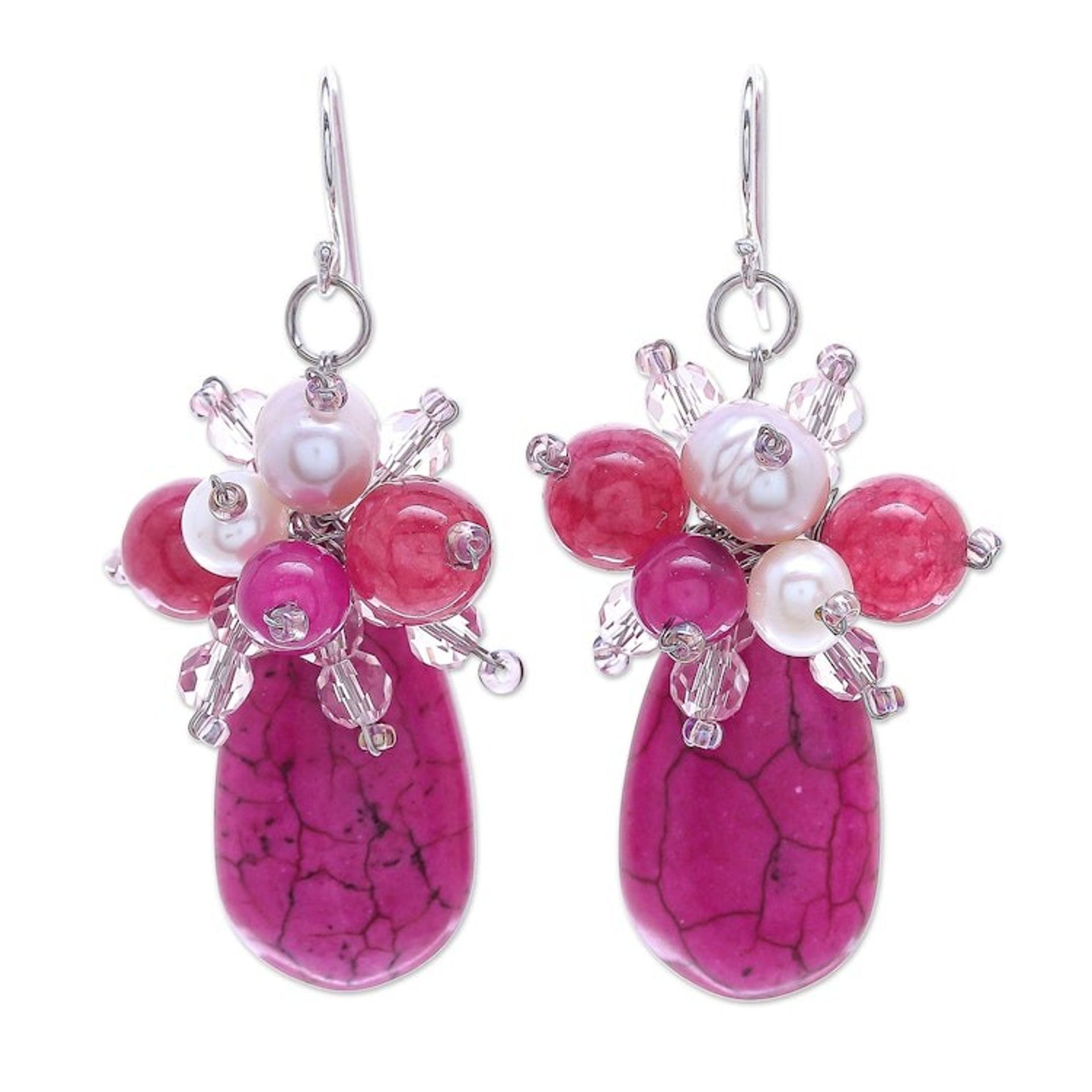 Quartz and Cultured Freshwater Pearl Dangle Earrings 'Space Candy in Pink'