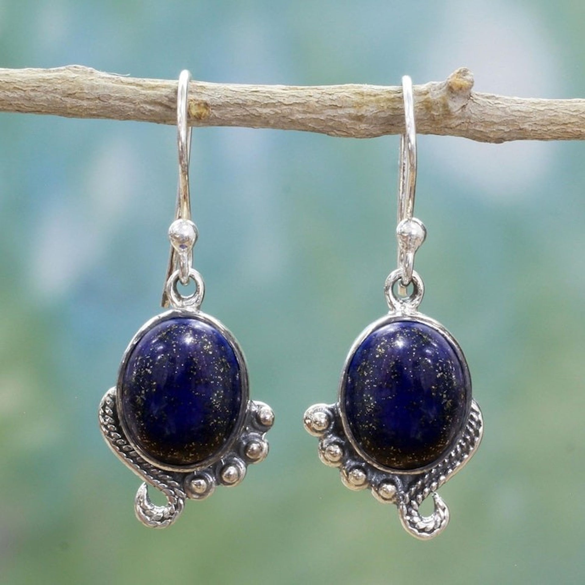 Sterling Silver Lapis Lazuli Dangle Earrings from India 'Indian Delight in Blue'
